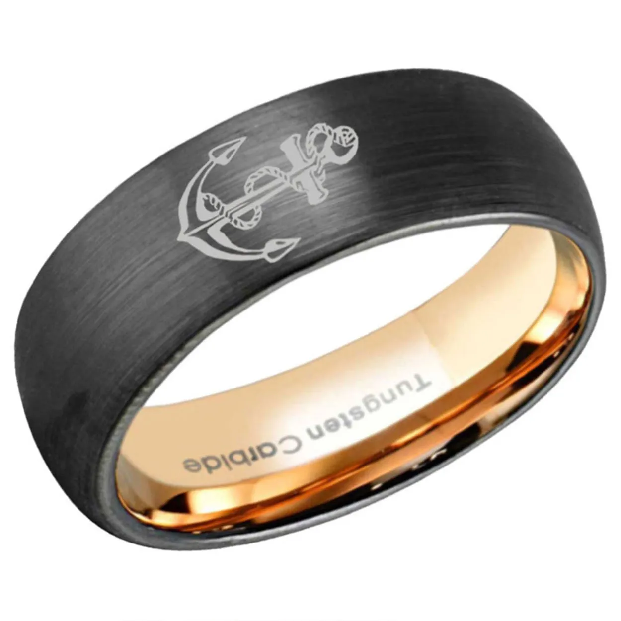 Anchor Dome Tungsten Ring Rose Gold Black 10mm