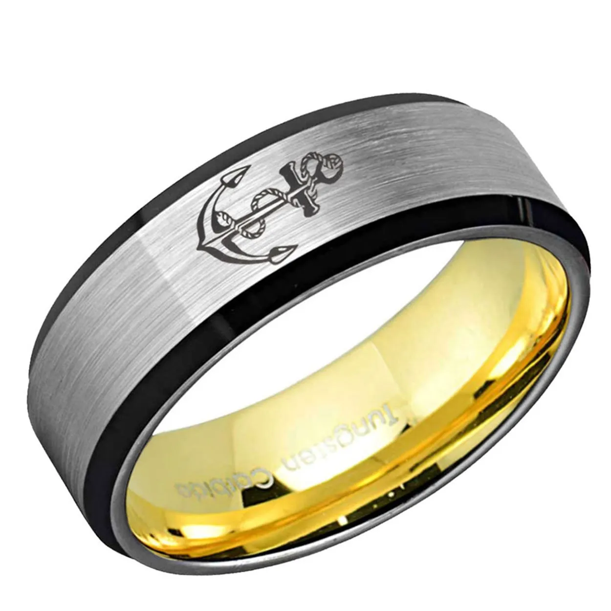 Anchor Beveled Edge Tungsten Ring Gold Gray 8mm