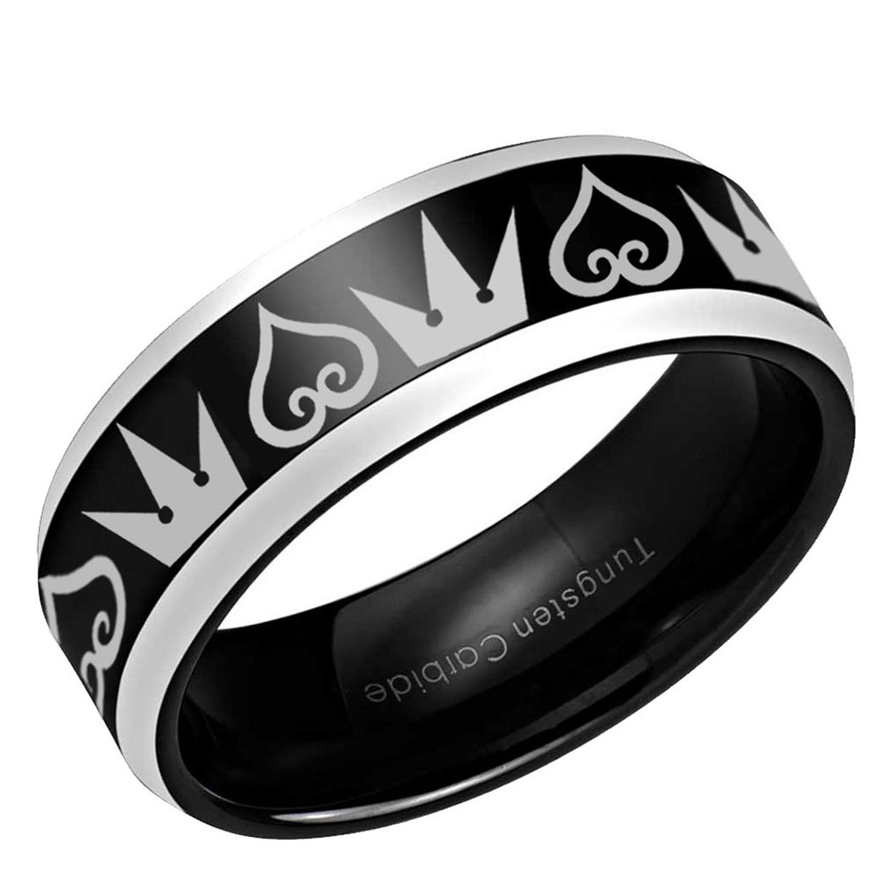 Kingdom Hearts & Crowns Beveled Edge Tungsten Ring Brushed Black Two Tone 10mm