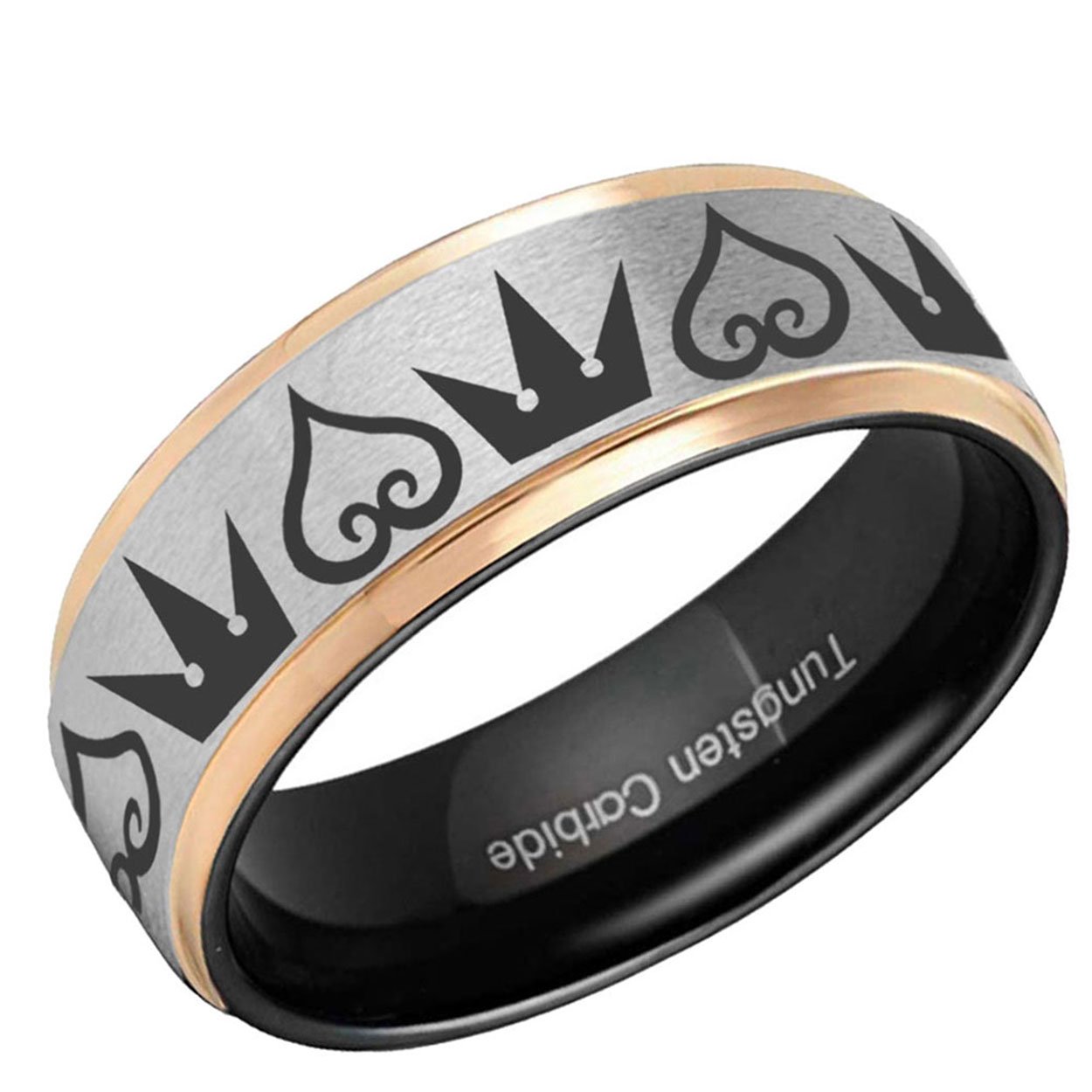 Kingdom Hearts & Crowns Step Edge Tungsten Ring Gray Rose Gold 8mm