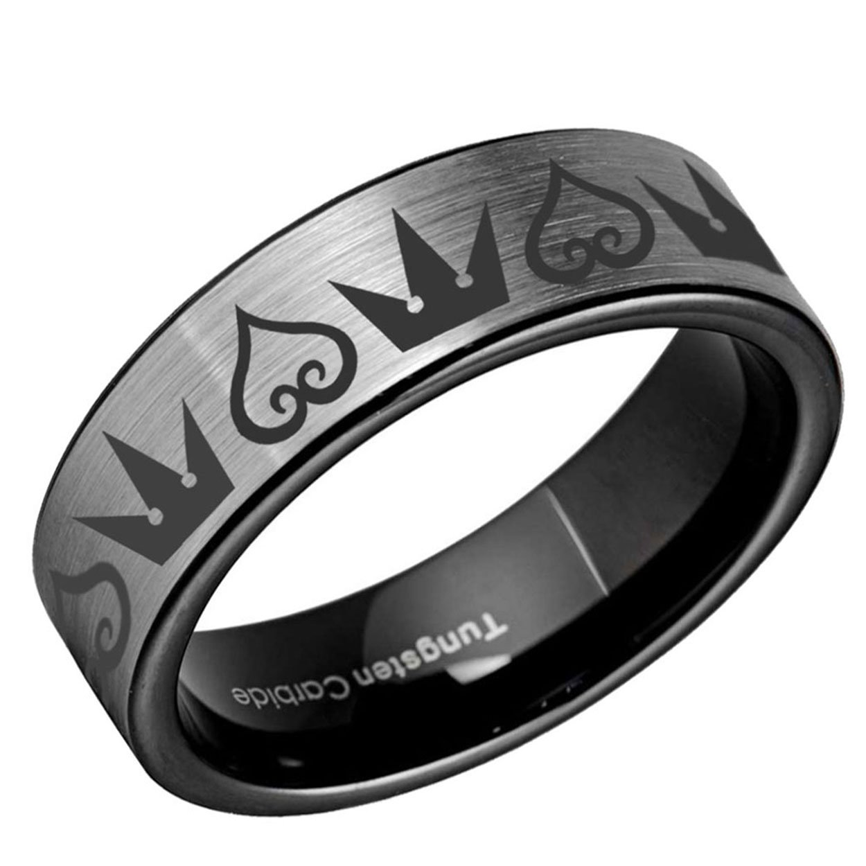 Kingdom Hearts & Crowns Pipe Cut Tungsten Ring Black Gray 8mm