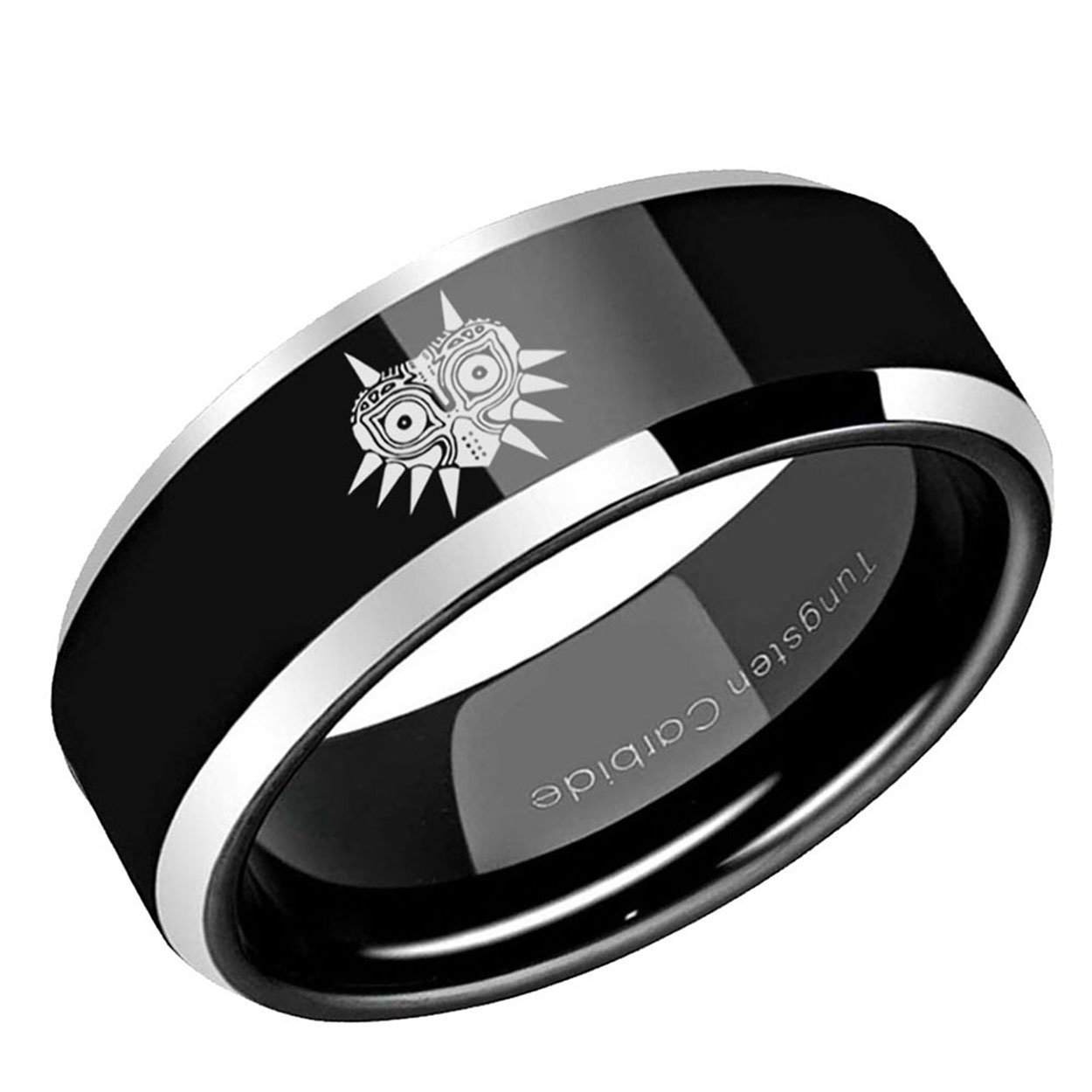 Zelda Majora's Mask Emblem Beveled Edge Tungsten Ring Two Tone Black 10mm