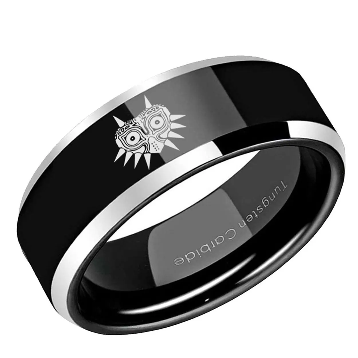 Zelda Majora's Mask Emblem Beveled Edge Tungsten Ring Two Tone Black 10mm
