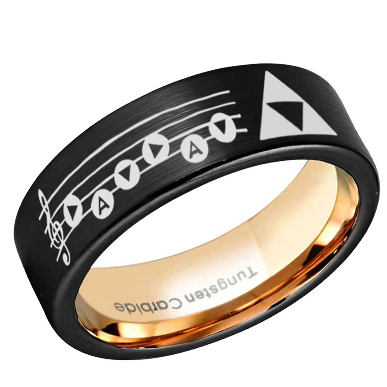 Legend of Zelda Song of Time Pipe Cut Tungsten Ring Rose Gold Black 8mm