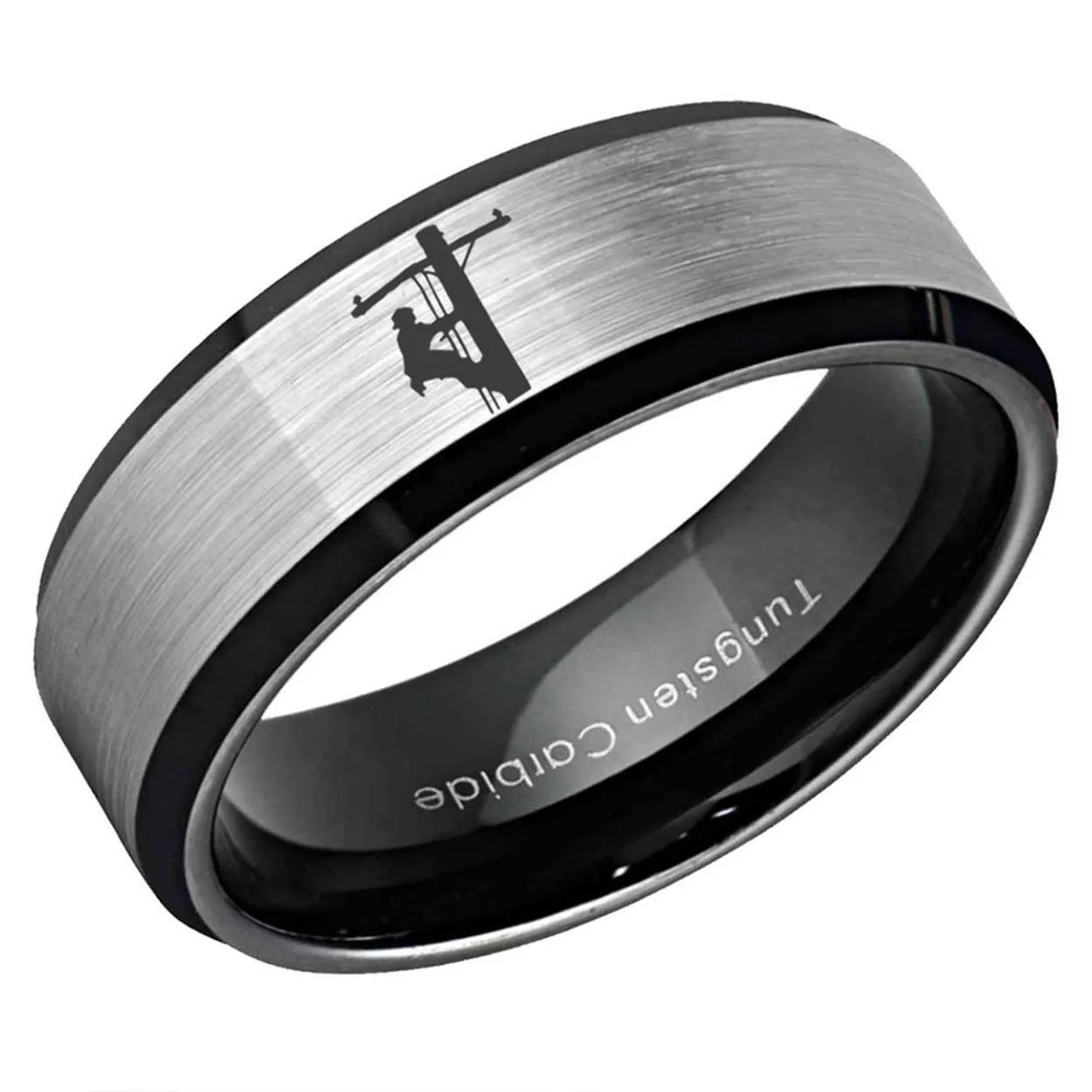 Lineman Design Beveled Edge Tungsten Ring Gray Black