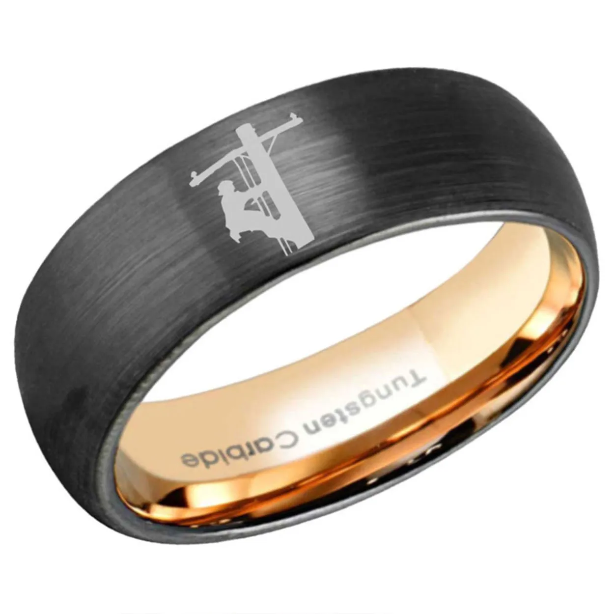 Lineman Design Dome Tungsten Ring Rose Gold Black