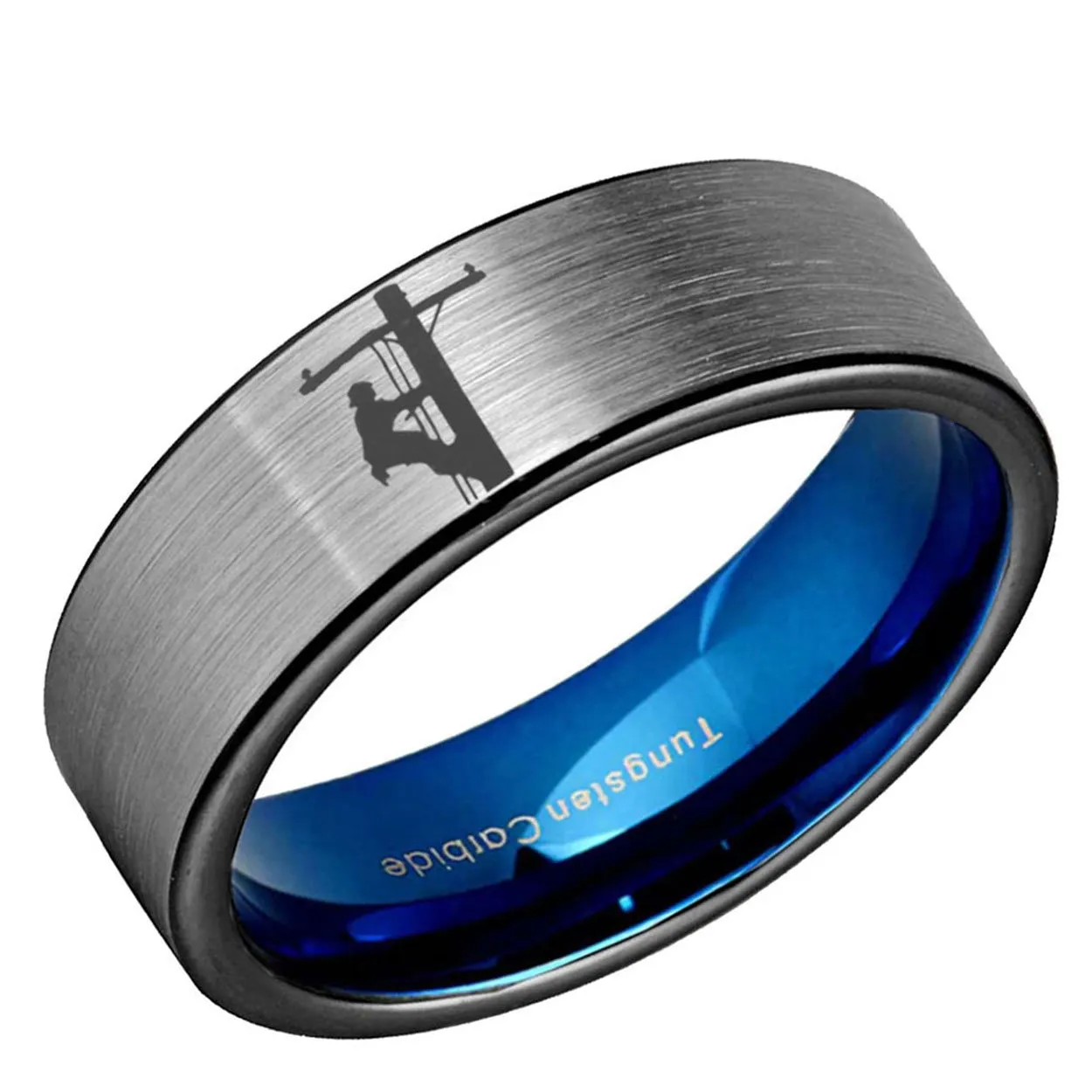 Lineman Design Pipe Cut Tungsten Ring Blue Gray