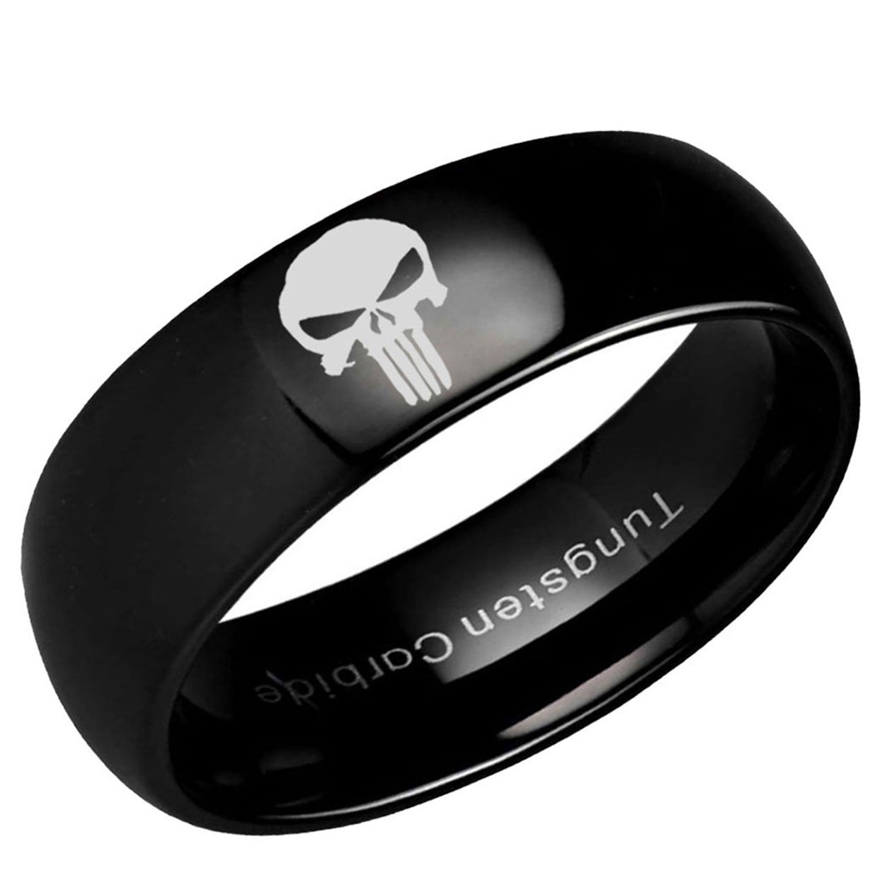 Skull Punisher Dome Tungsten Ring Glossy Black 10mm