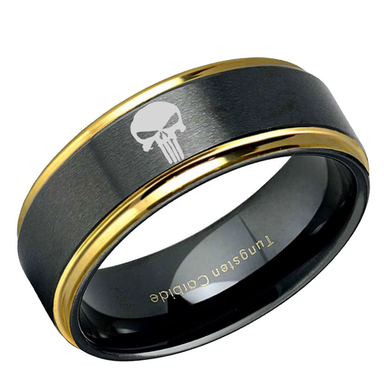 Skull Punisher Step Edge Tungsten Ring Black Gold 10mm
