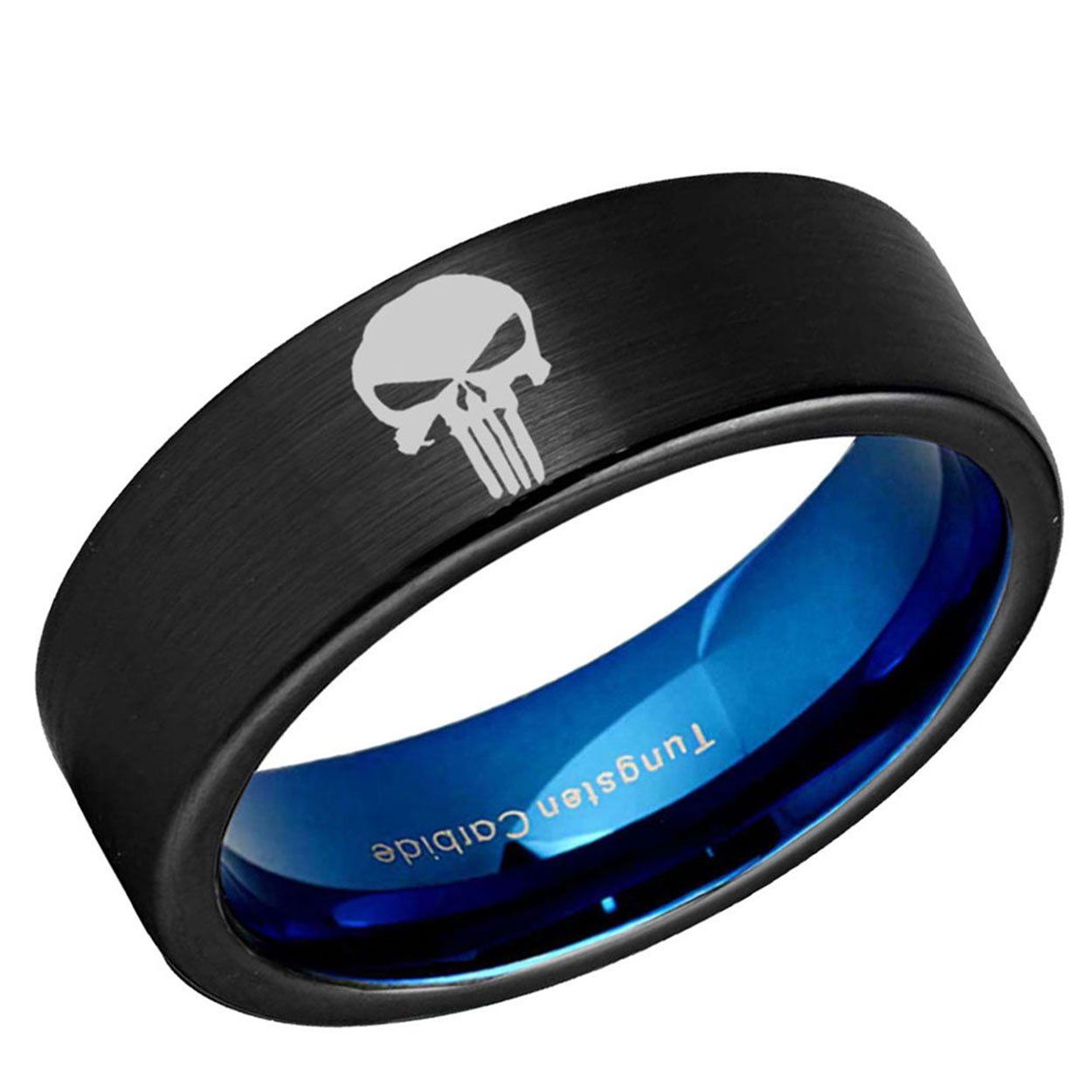 Skull Punisher Pipe Cut Tungsten Ring Blue Black 8mm