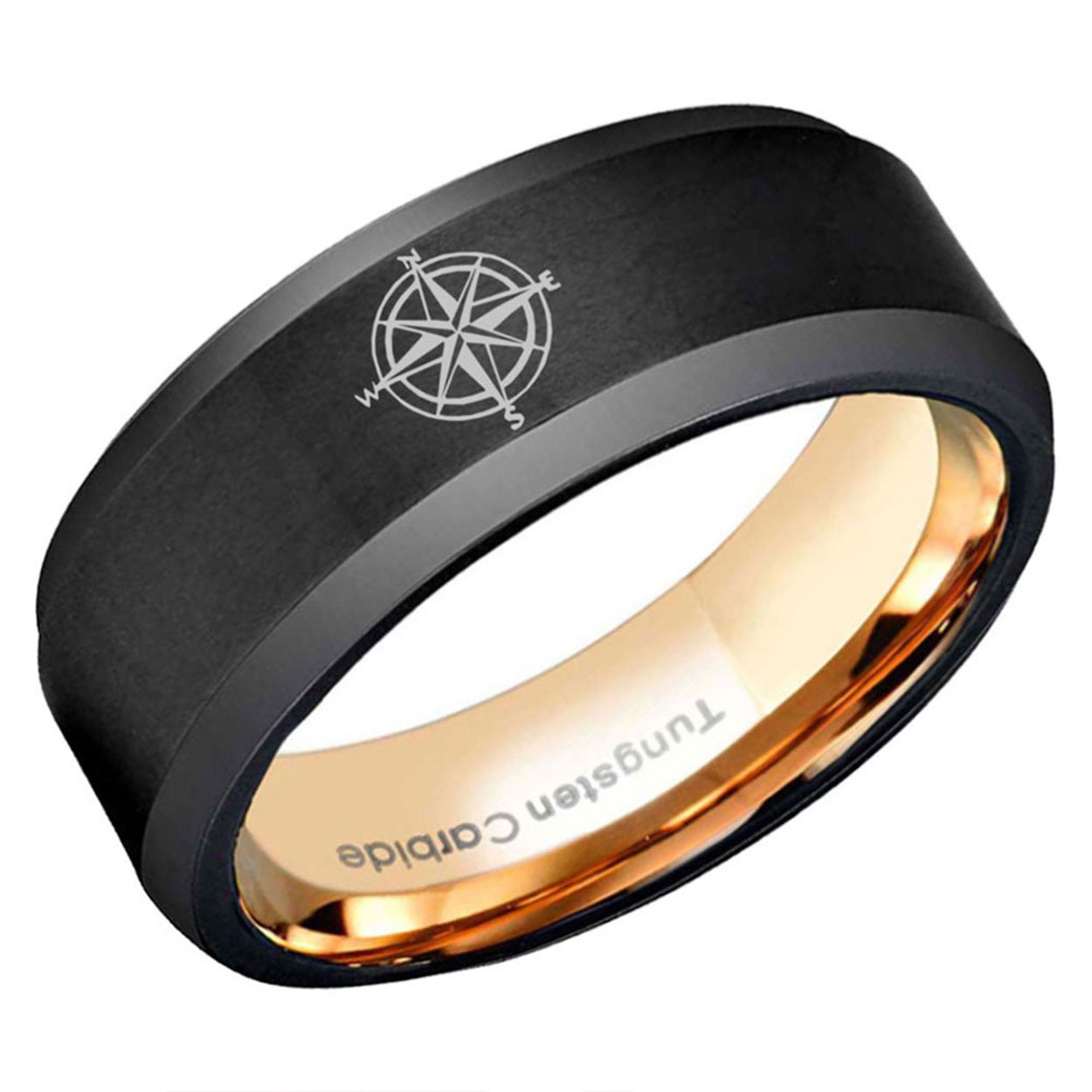 Nautical Compass Beveled Edge Tungsten Ring Black Rose Gold 10mm