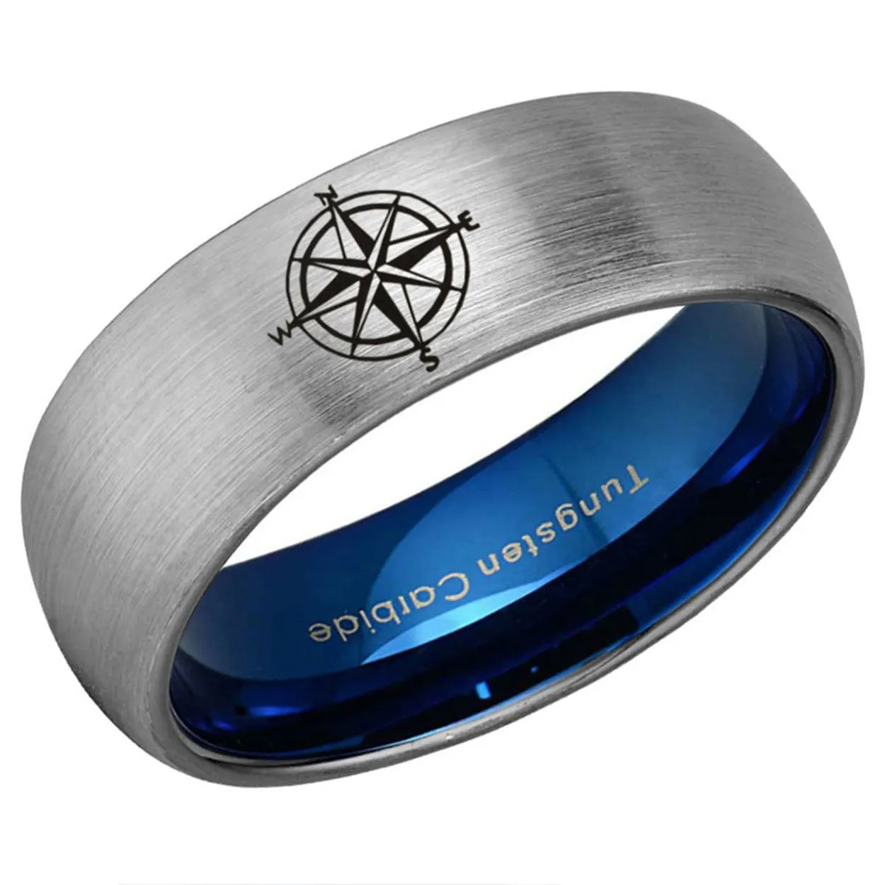 Nautical Compass Dome Tungsten Ring Blue Gray 8mm