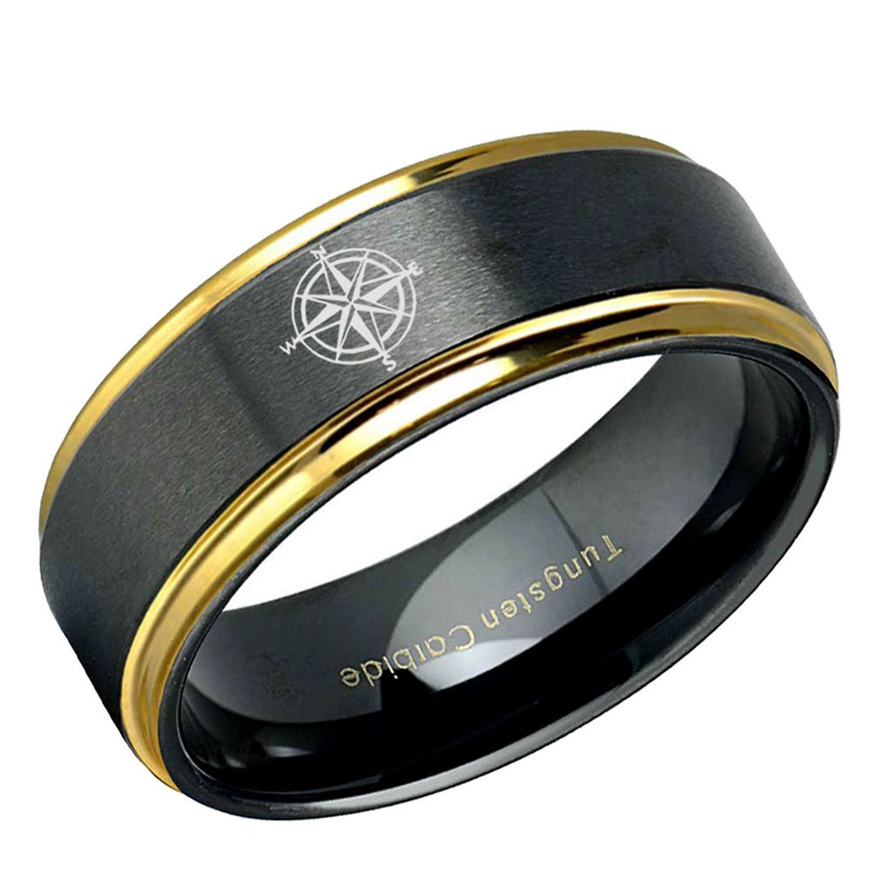 Nautical Compass Step Edge Tungsten Ring Black Gold 10mm