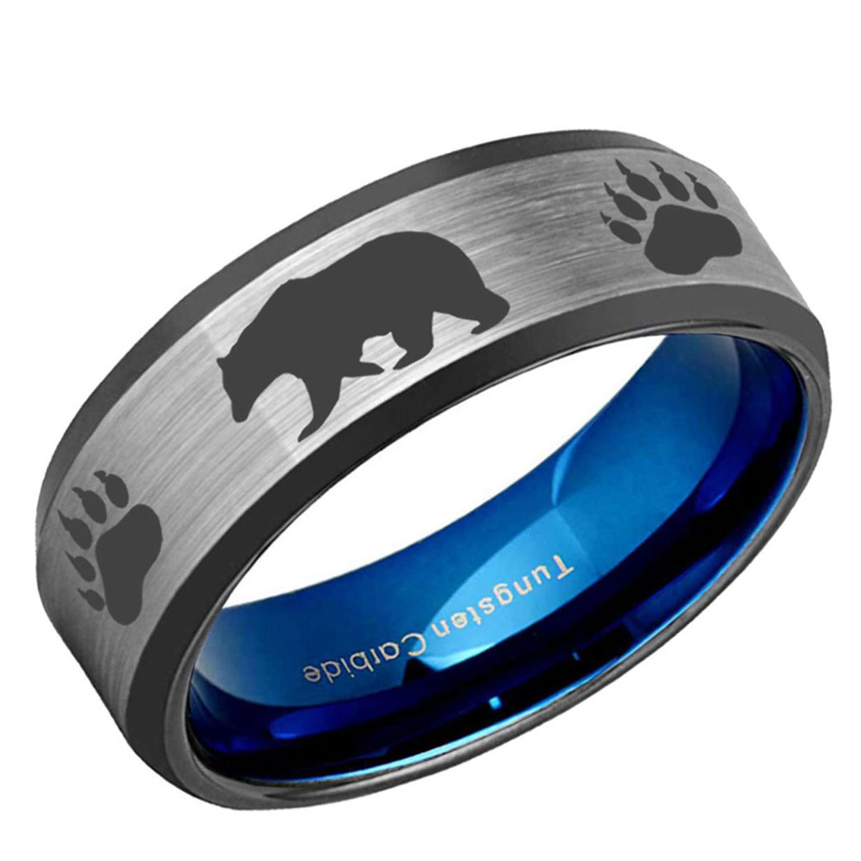 Bear Paws Beveled Edge Tungsten Ring Blue Gray 8mm