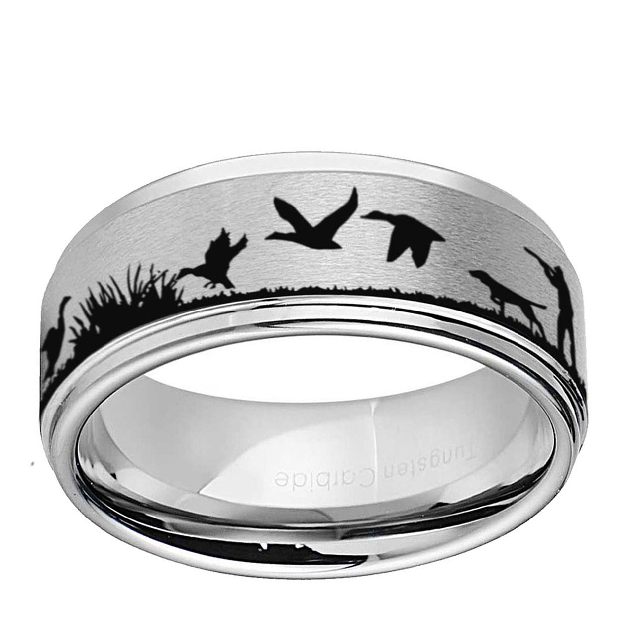 Duck Hunting Dog 8mm Step Edge Tungsten Ring Gray