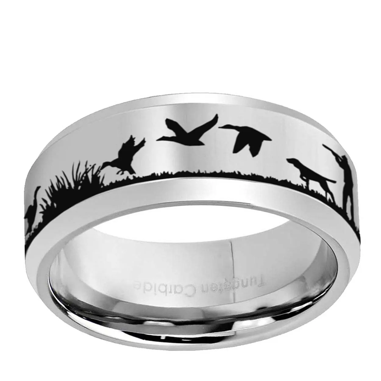 Duck Hunting Dog 8mm Beveled Edge Tungsten Ring