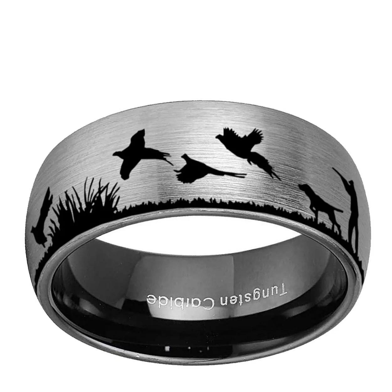 Pheasant Hunting 8mm Dome Tungsten Ring Gray Black