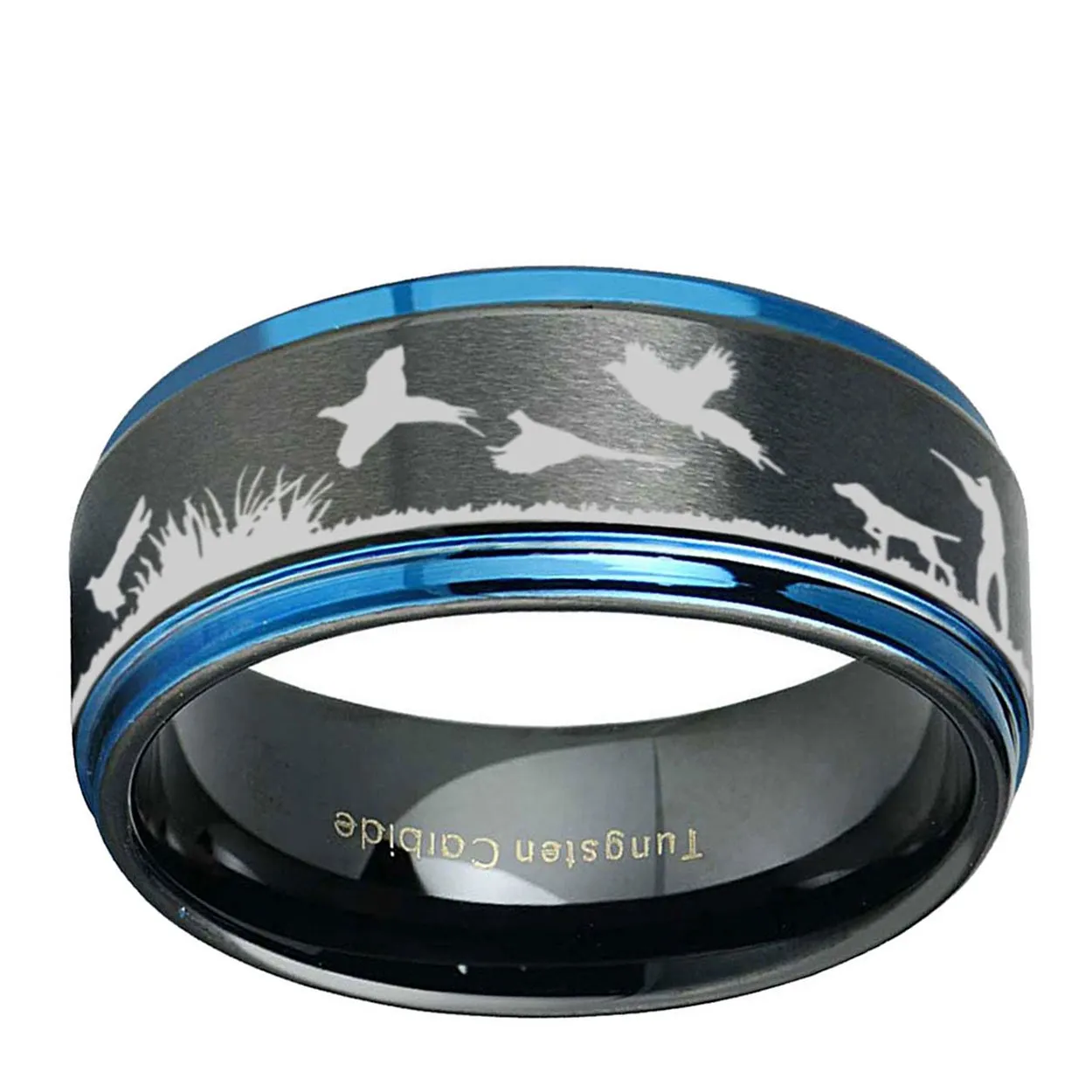 Pheasant Hunting 8mm Step Edge Tungsten Ring Black Blue