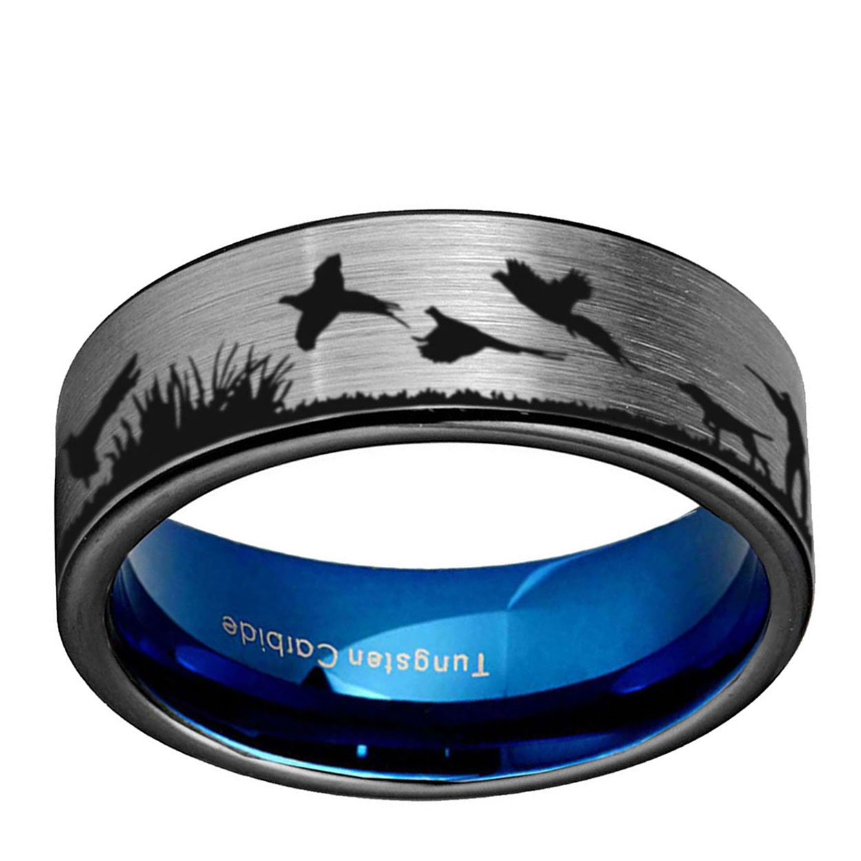 Pheasant Hunting 8mm Pipe Cut Tungsten Ring Gray Blue