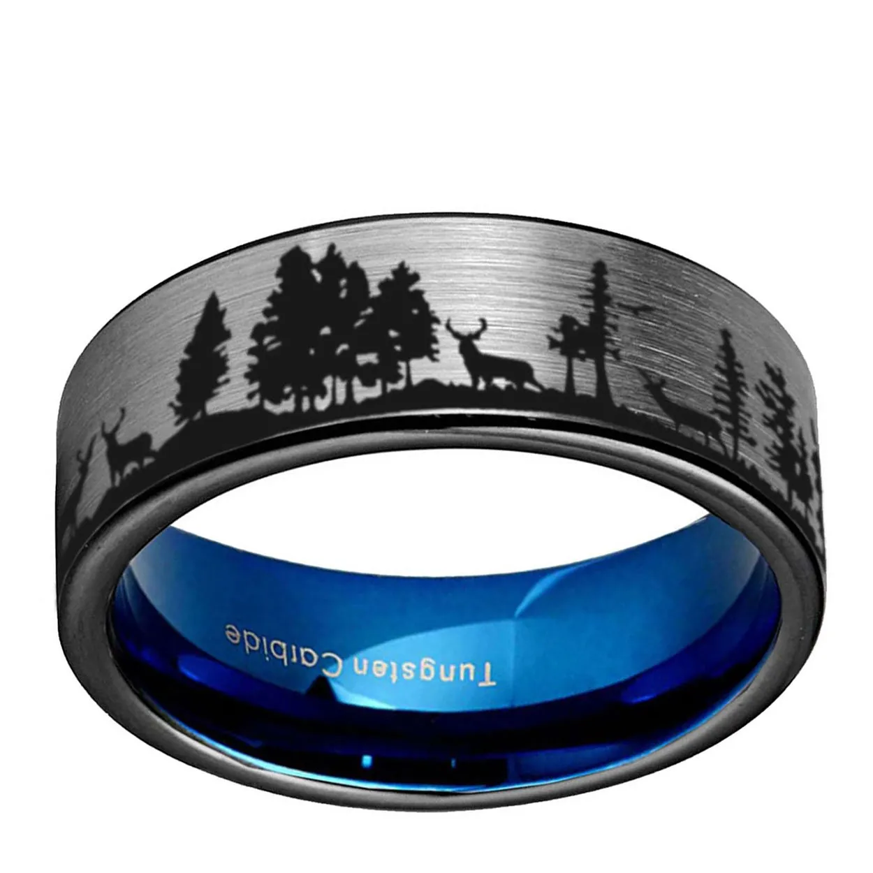 Deer Antler 8mm Pipe Cut Tungsten Ring Gray Blue