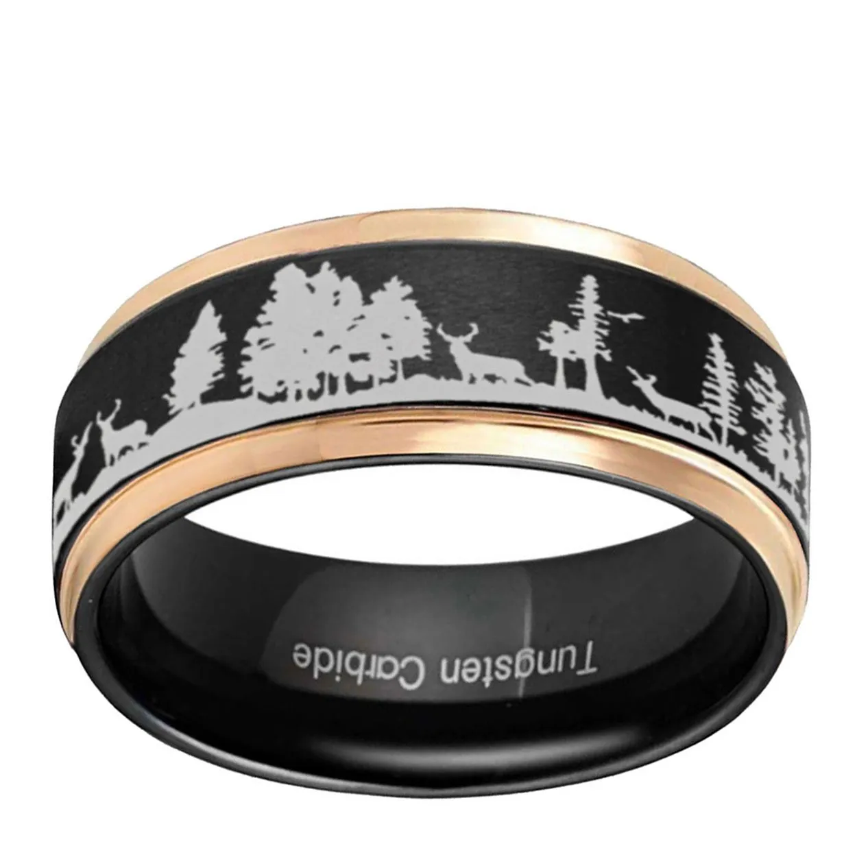 Deer Antler 8mm Step Edge Tungsten Ring Black Rose Gold