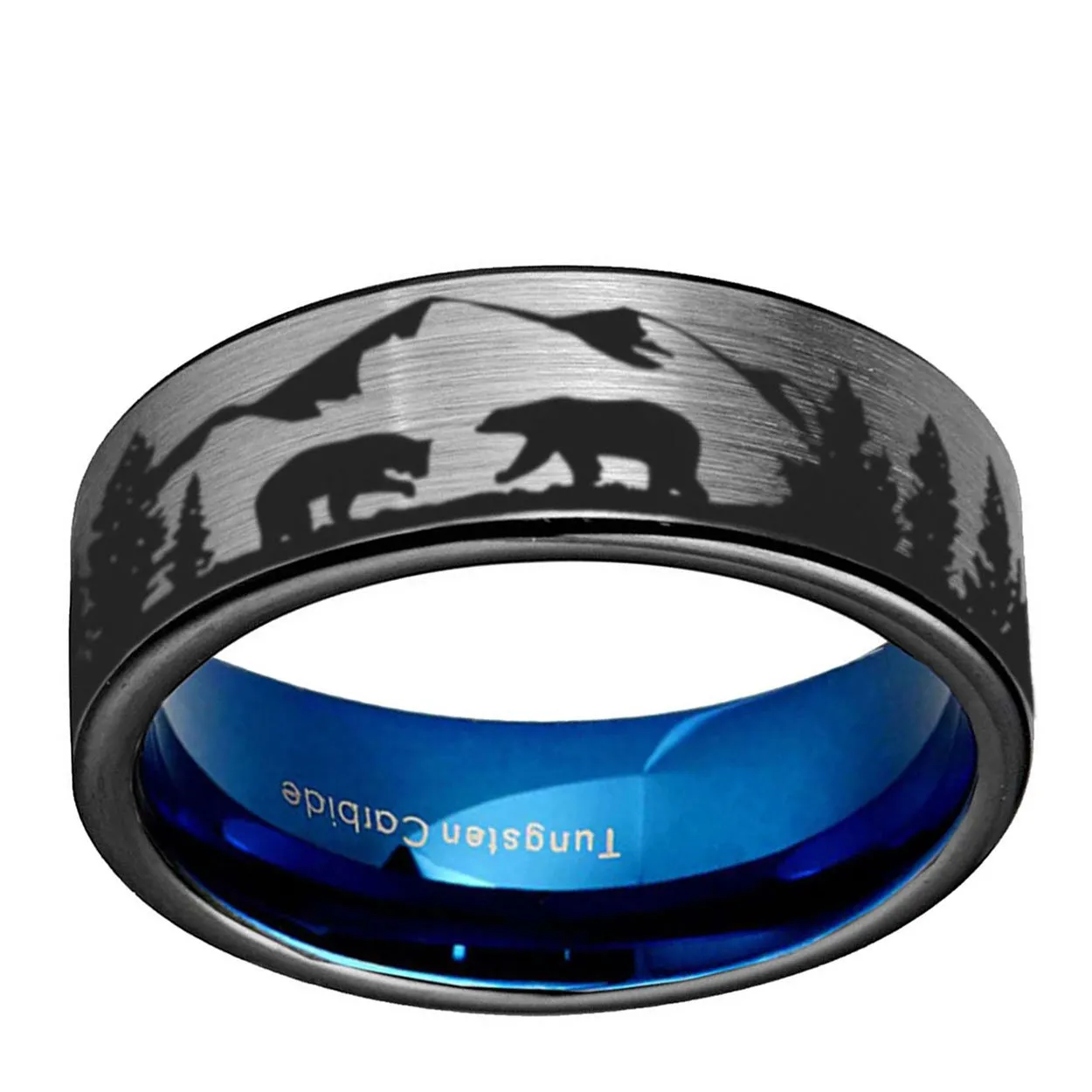 Bears Forest Mountain 8mm Pipe Cut Tungsten Ring Gray Blue
