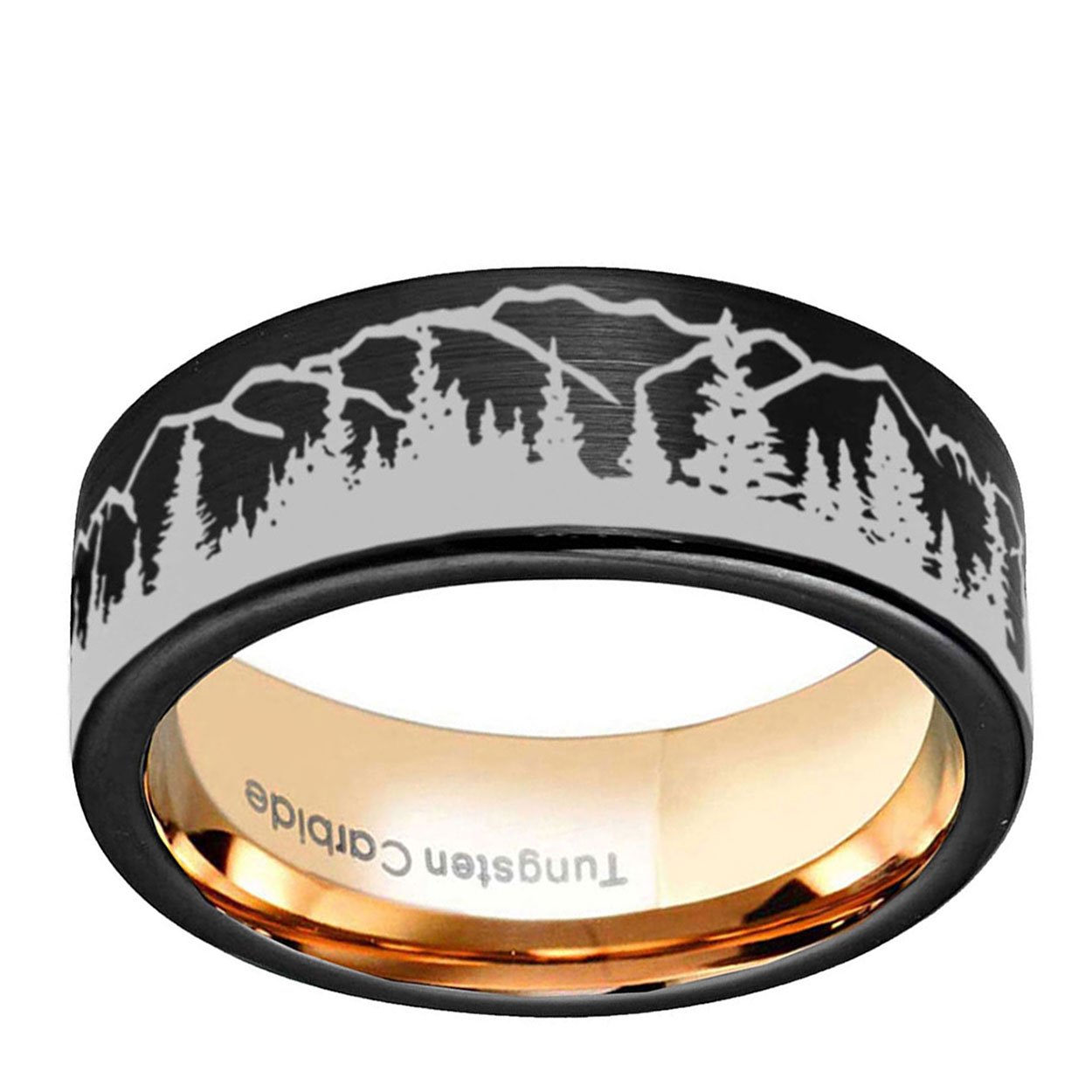 Mountain Forest 8mm Pipe Cut Tungsten Ring Black Rose Gold