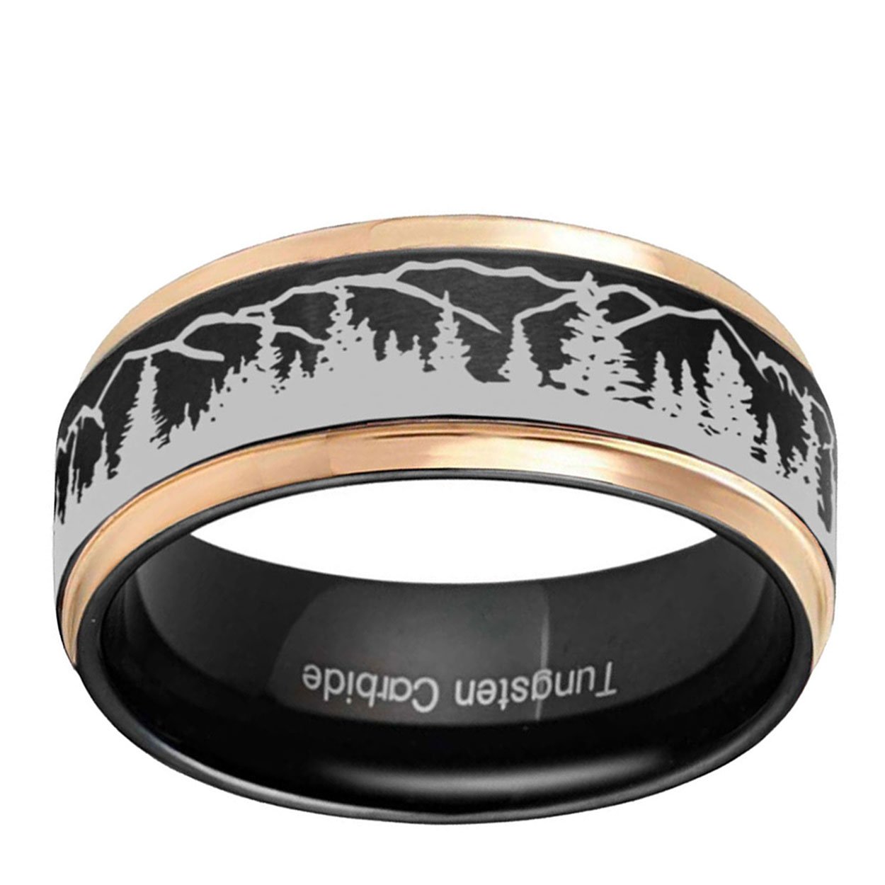 Mountain Forest 8mm Step Edge Tungsten Ring Black Rose Gold