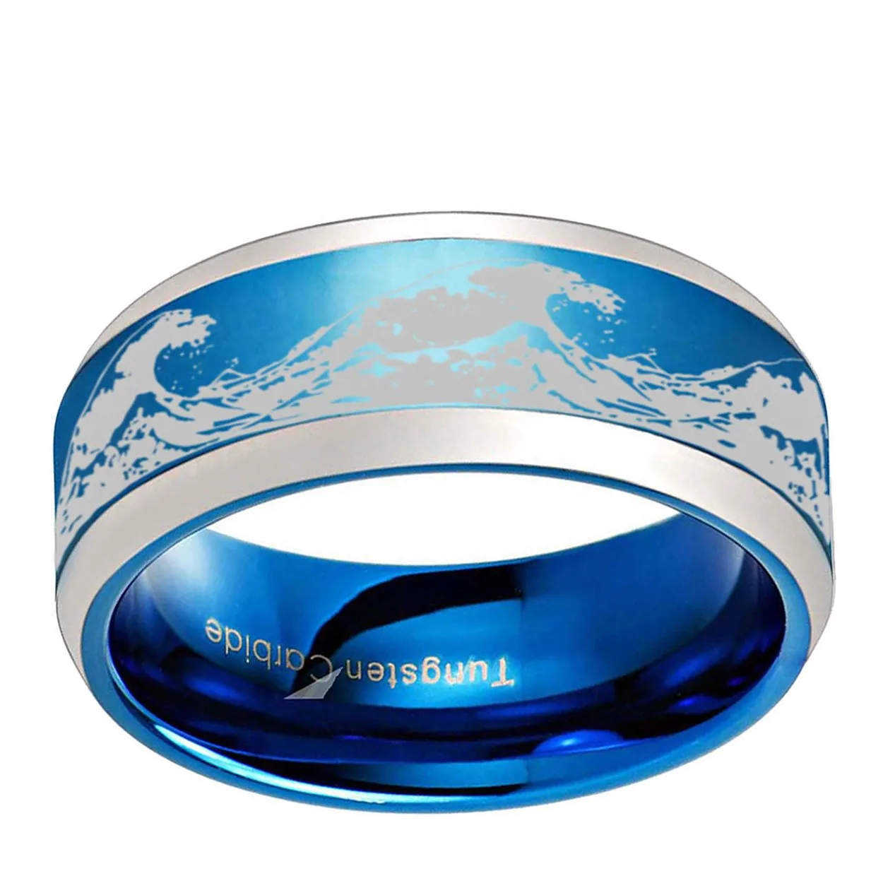 Ocean Wave 8mm Beveled Edge Tungsten Ring Blue