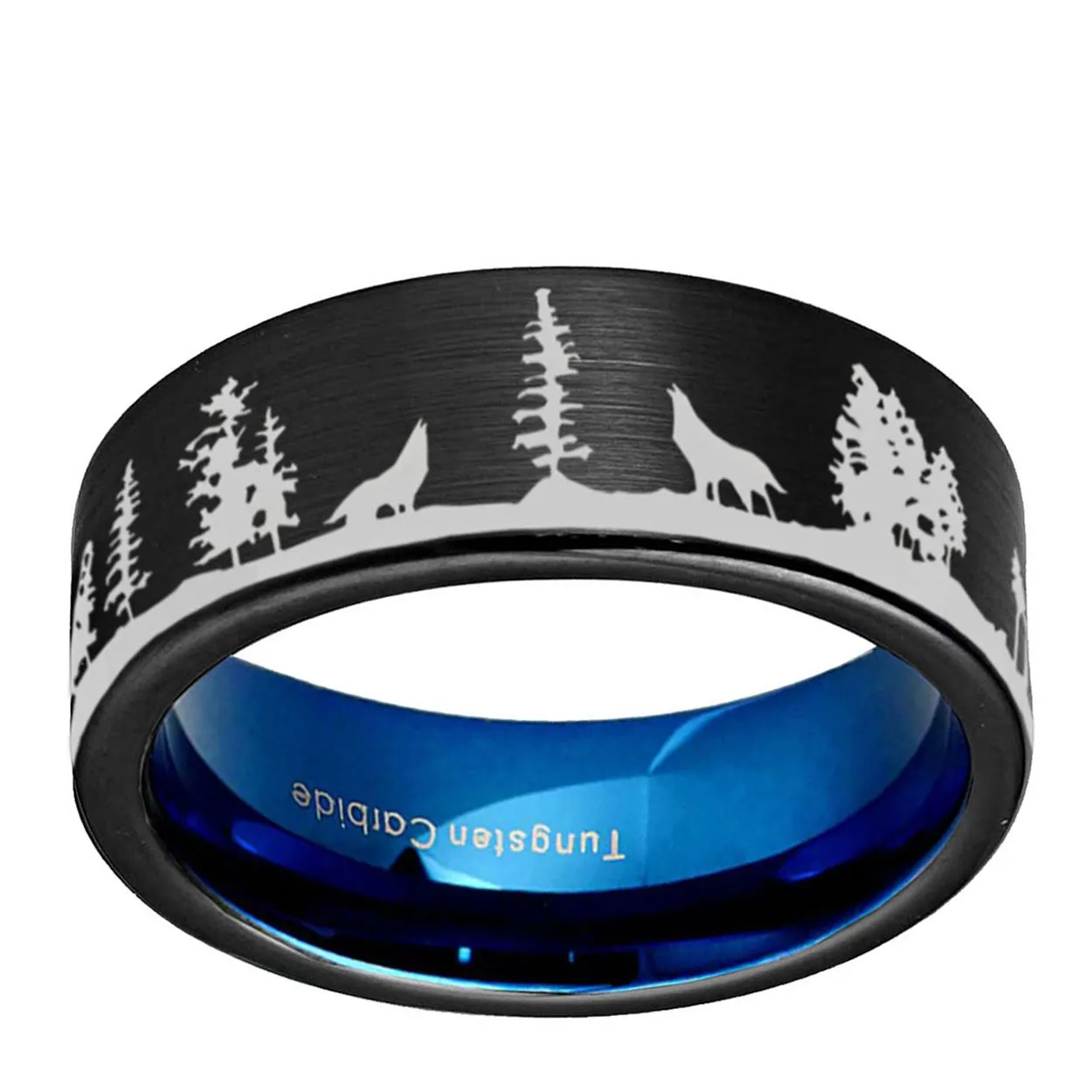 Howling Wolf 8mm Pipe Cut Tungsten Ring Black Blue