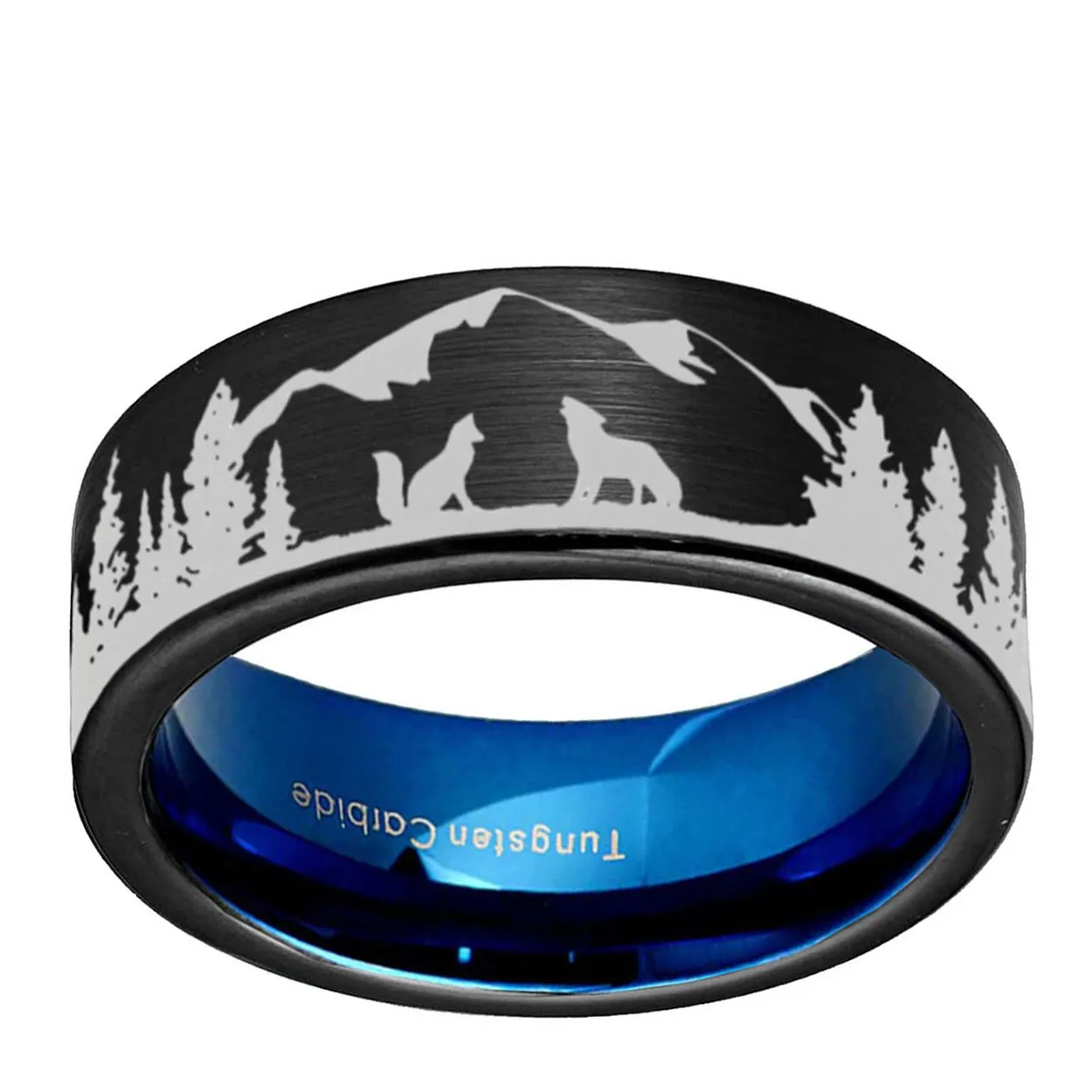 Coyote Wolf Forest 8mm Pipe Cut Tungsten Ring Black Blue
