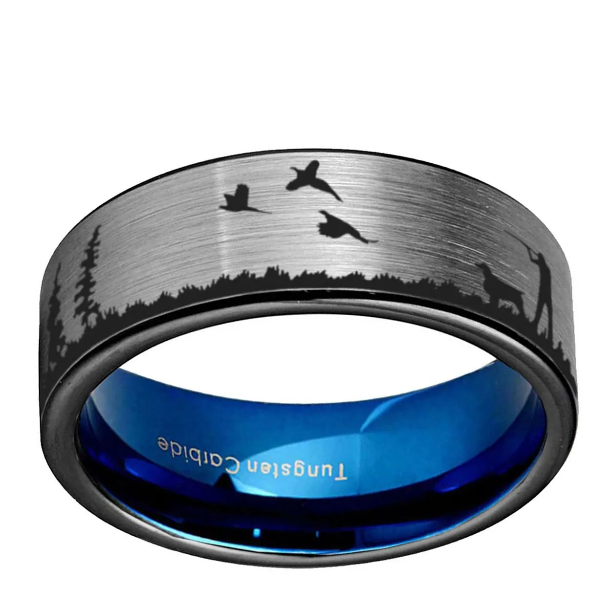 Pheasant Hunting 8mm Pipe Cut Tungsten Ring Gray Blue