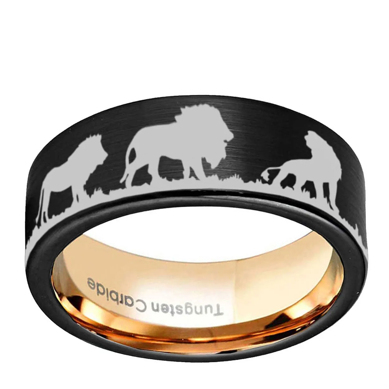 Lion Tiger 8mm Pipe Cut Tungsten Ring Black Rose Gold