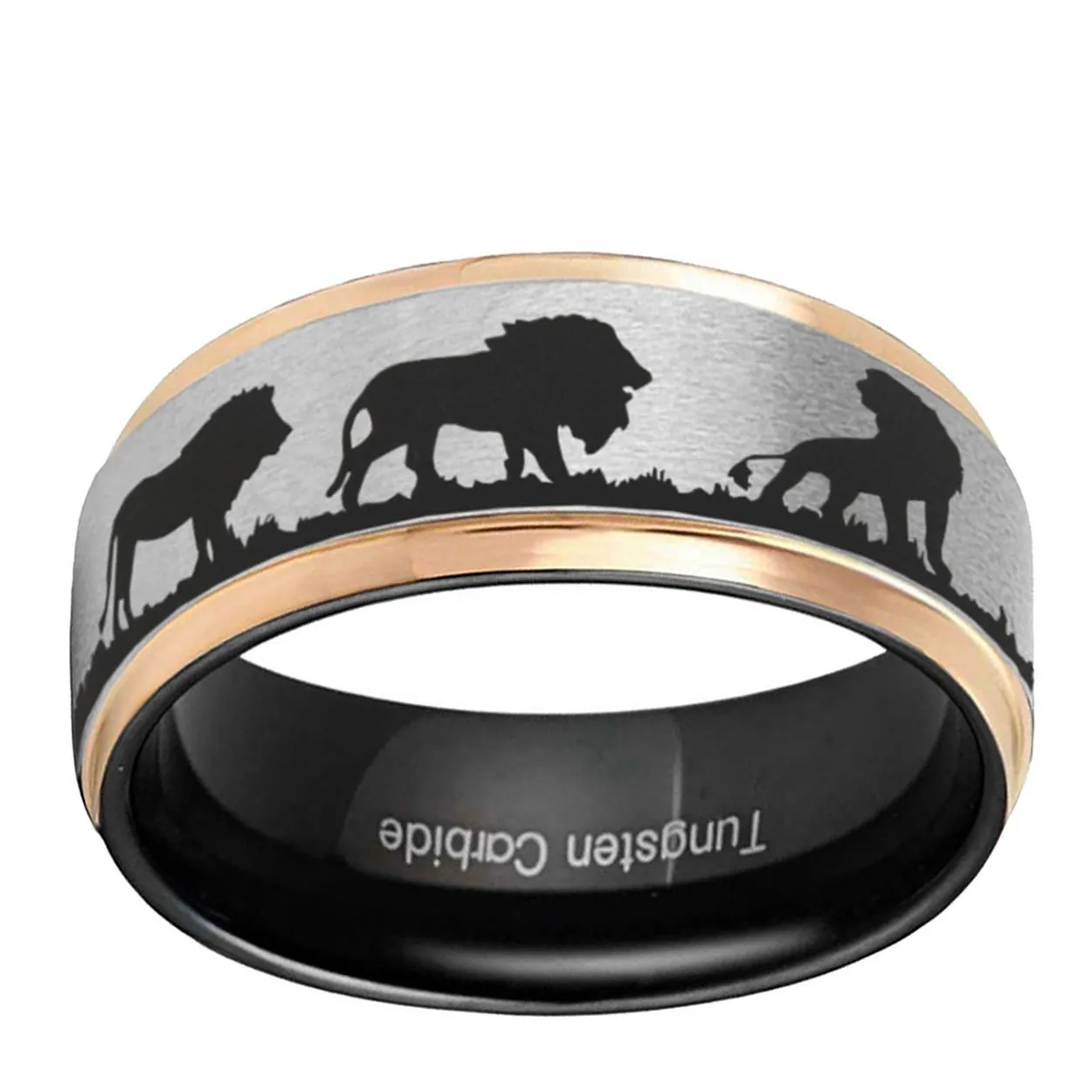 Lion Tiger 8mm Step Edge Tungsten Ring Gray Rose Gold