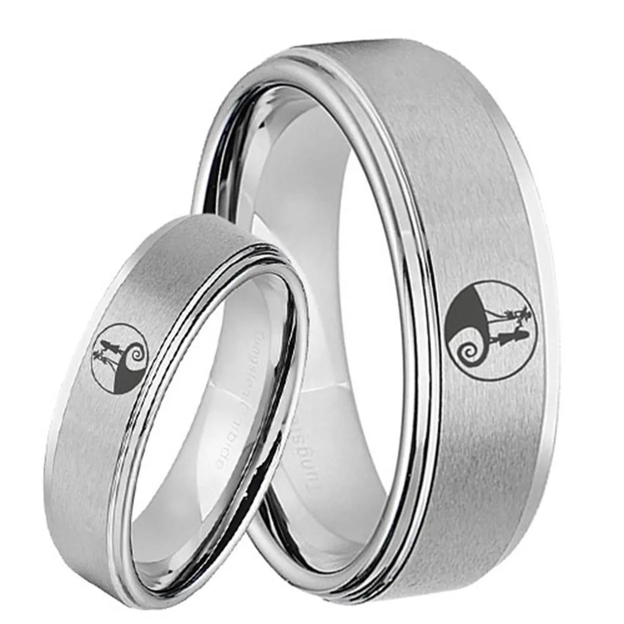 Nightmare Before Christmas Step Edge Silver Tungsten His and Hers Matching Ring Set