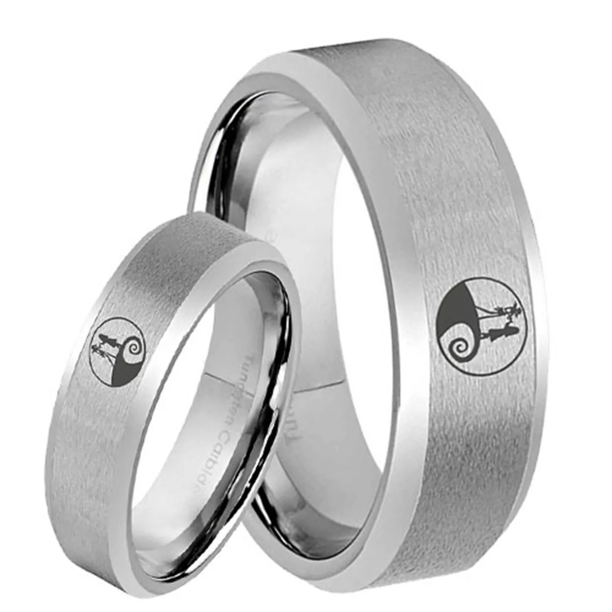Nightmare Before Christmas Bevel Silver Tungsten His and Hers Matching Ring Set