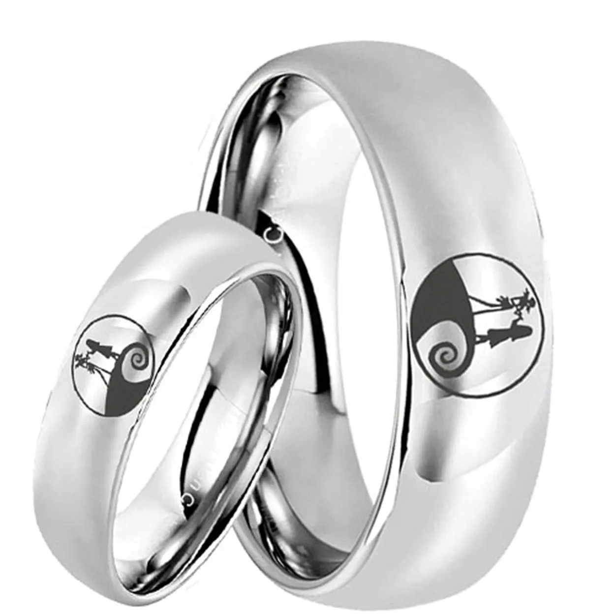 Nightmare Before Christmas Dome Silver Tungsten His and Hers Matching Ring Set