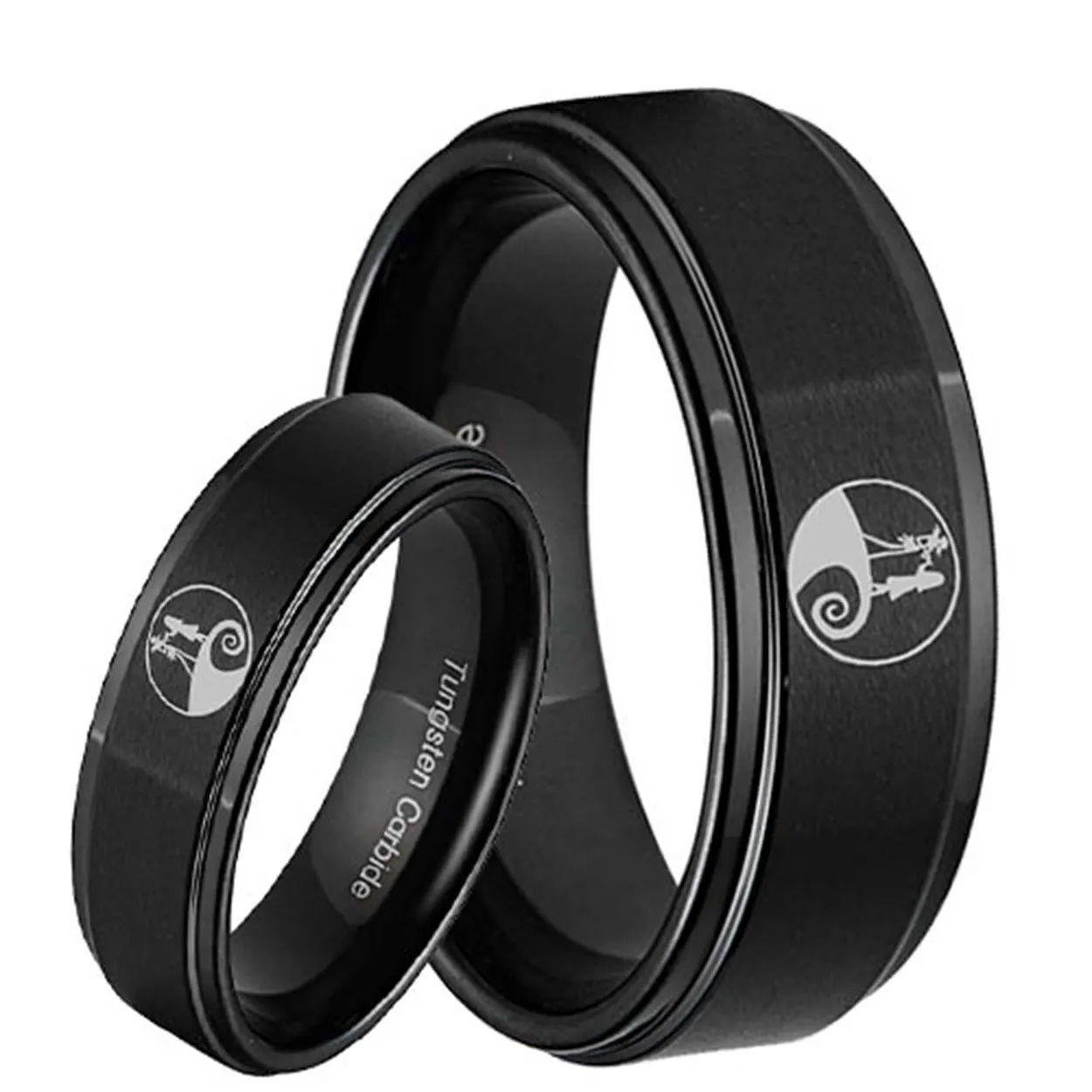 Nightmare Before Christmas Step Edge Black Tungsten His and Hers Matching Ring Set