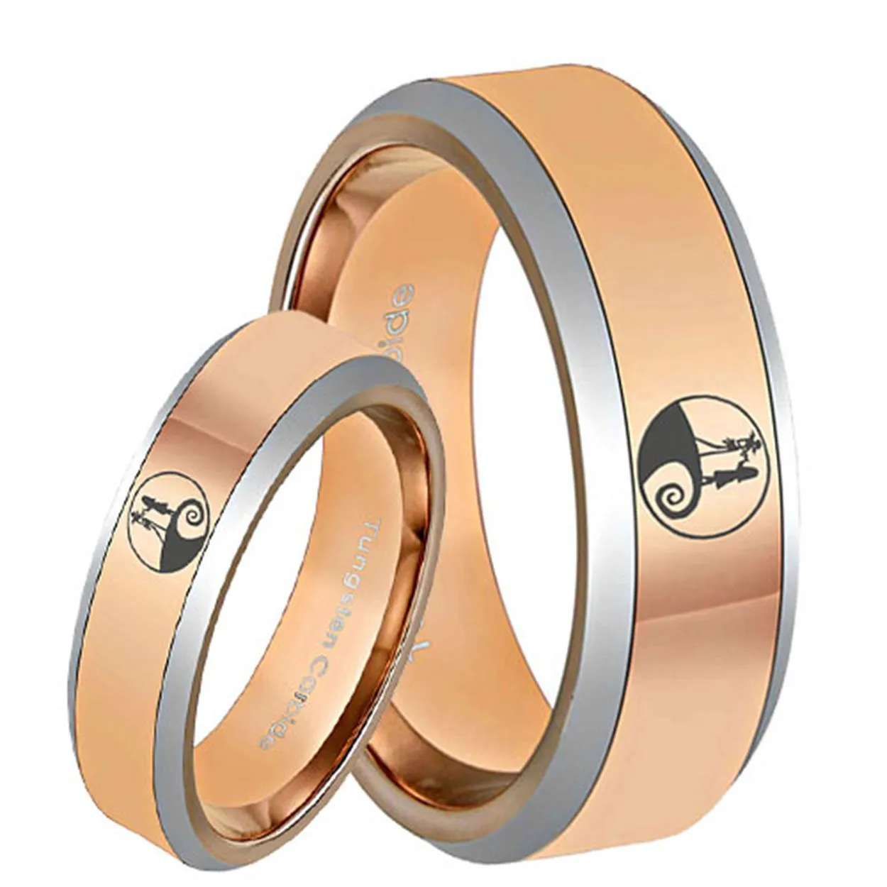 Nightmare Before Christmas Bevel Rose Gold Tungsten His and Hers Engagement Ring Set