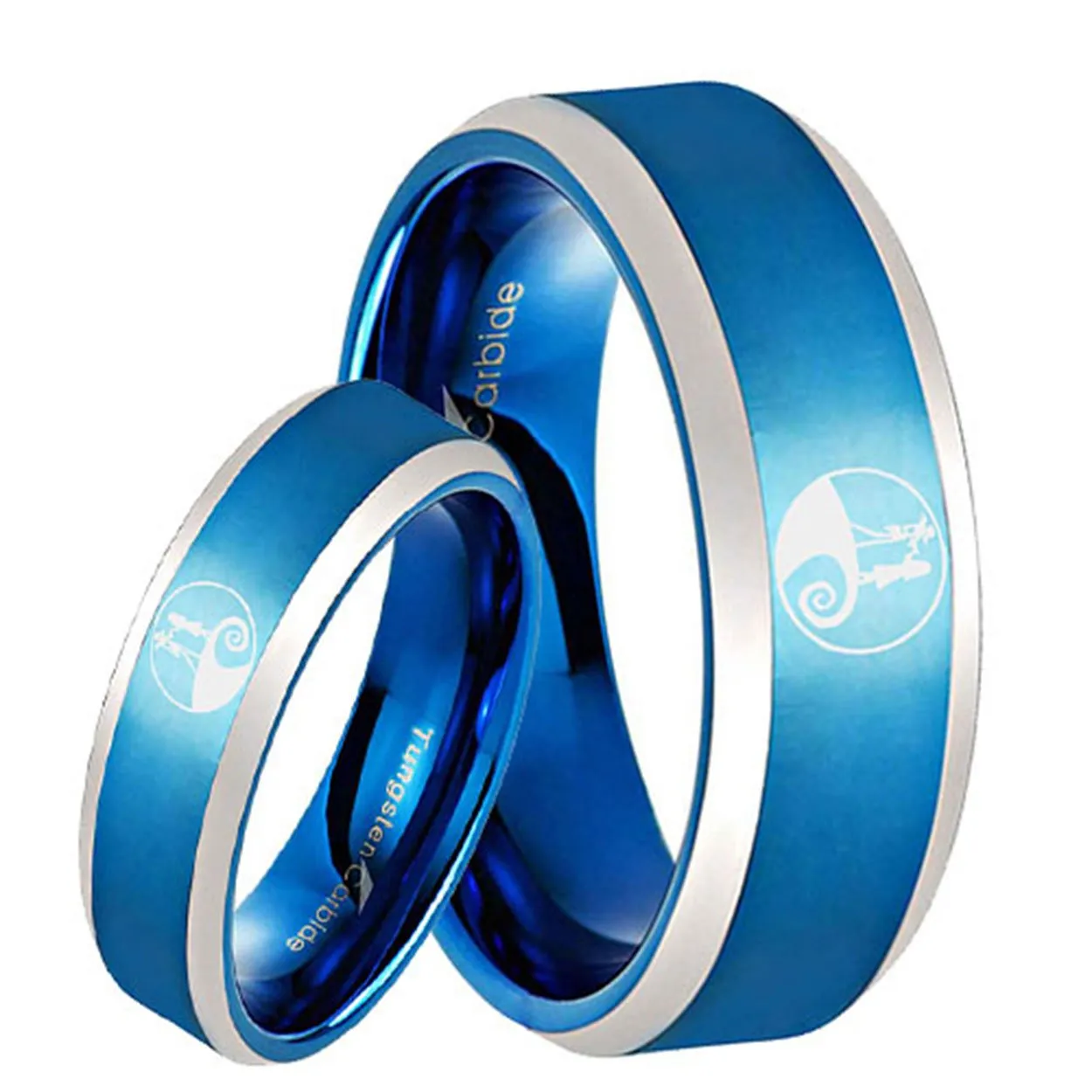 Nightmare Before Christmas Bevel Blue Tungsten His and Hers Matching Ring Set