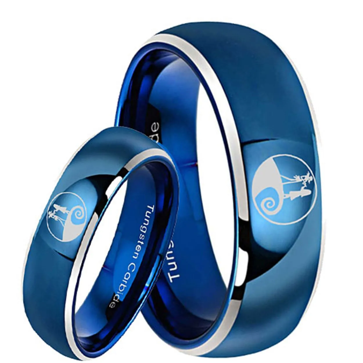 Nightmare Before Christmas Dome Blue Tungsten His and Hers Matching Ring Set