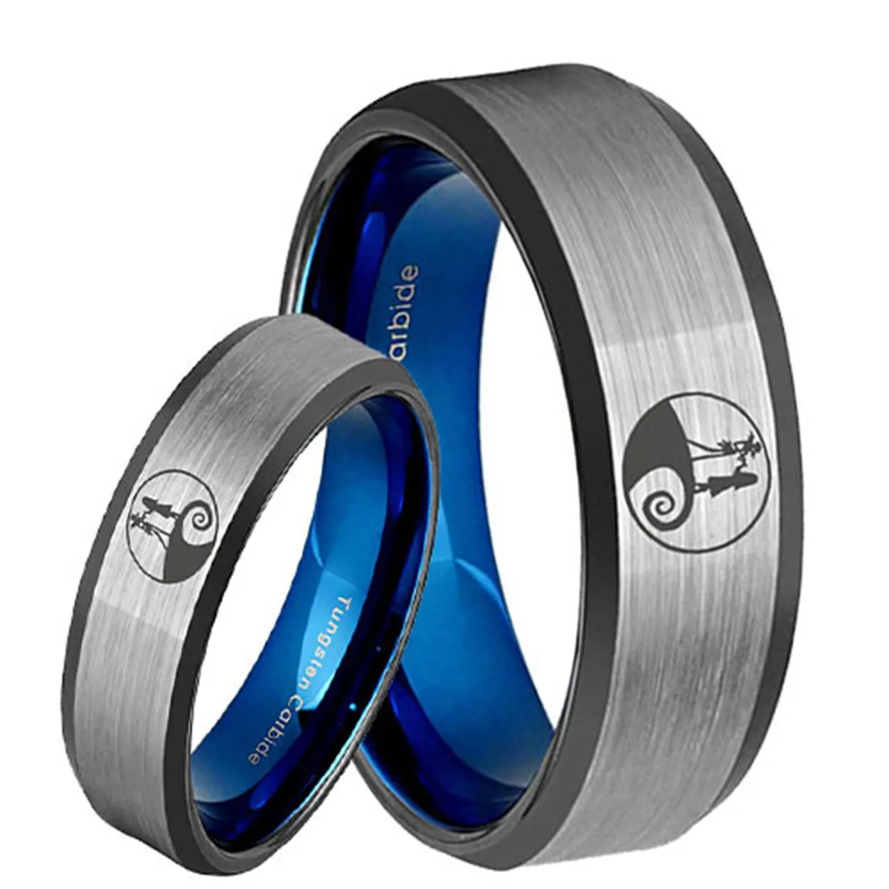 Nightmare Before Christmas Bevel Blue Tungsten His and Hers Matching Ring Set