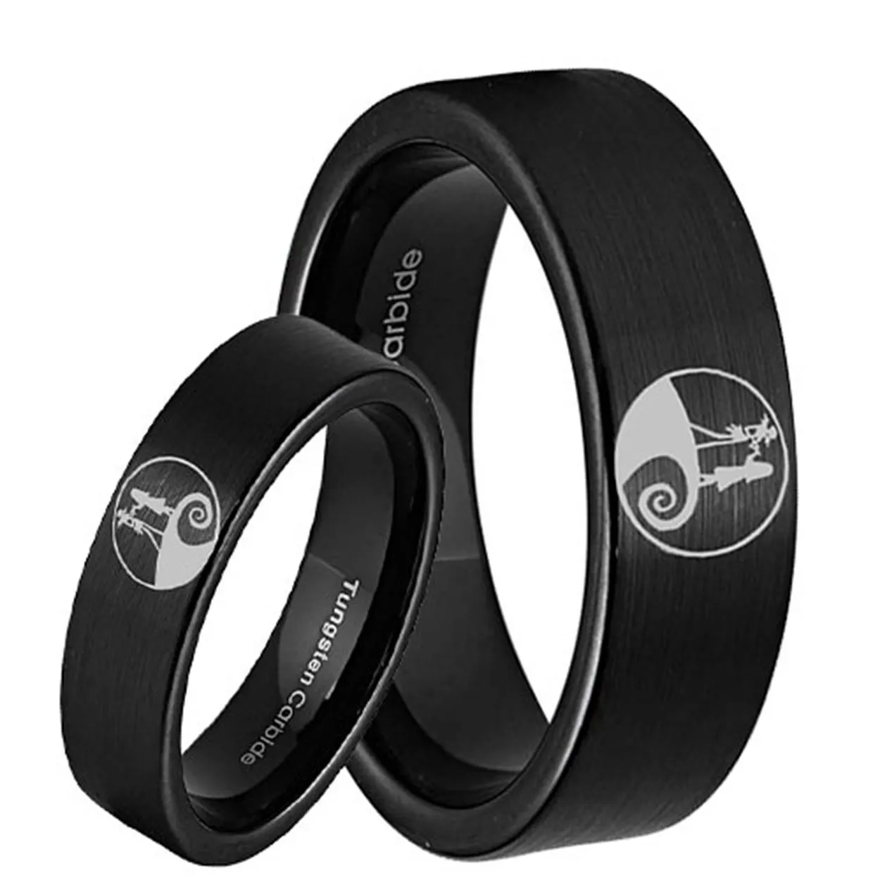 Nightmare Before Christmas Pipe Cut Black Tungsten His and Hers Matching Ring Set