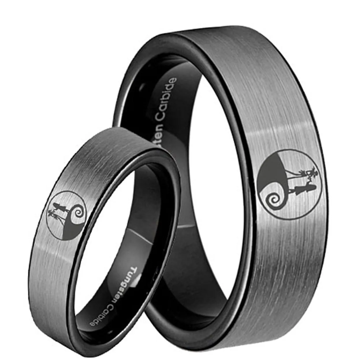 Nightmare Before Christmas Pipe Cut Silver Tungsten His and Hers Matching Ring Set
