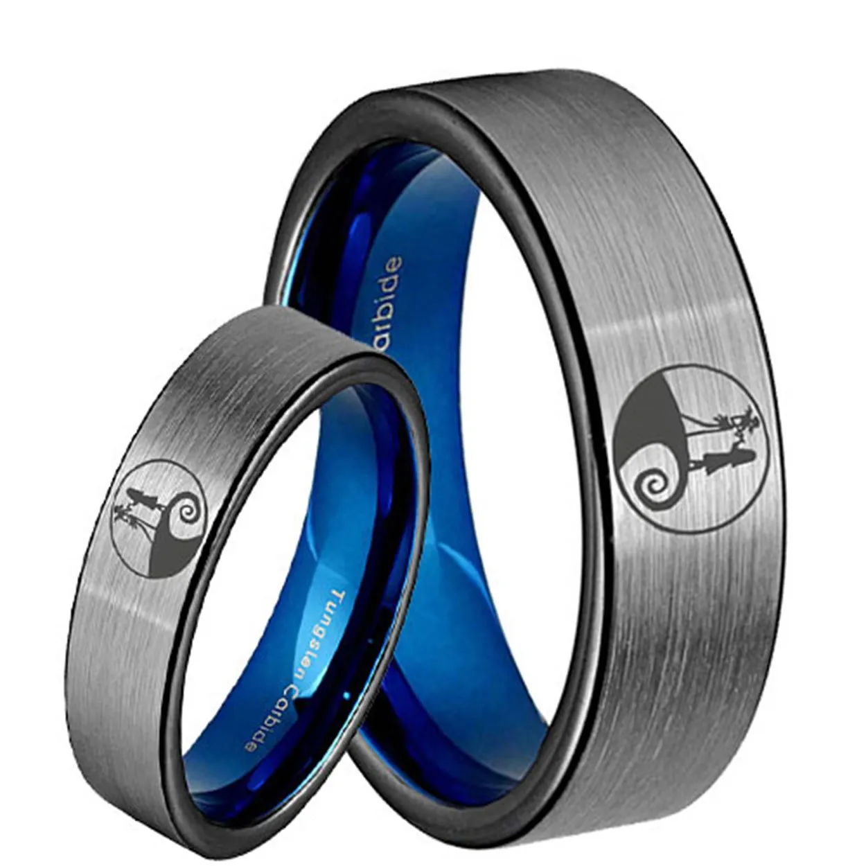 Nightmare Before Christmas Pipe Cut Blue Gray Tungsten His and Hers Matching Ring Set