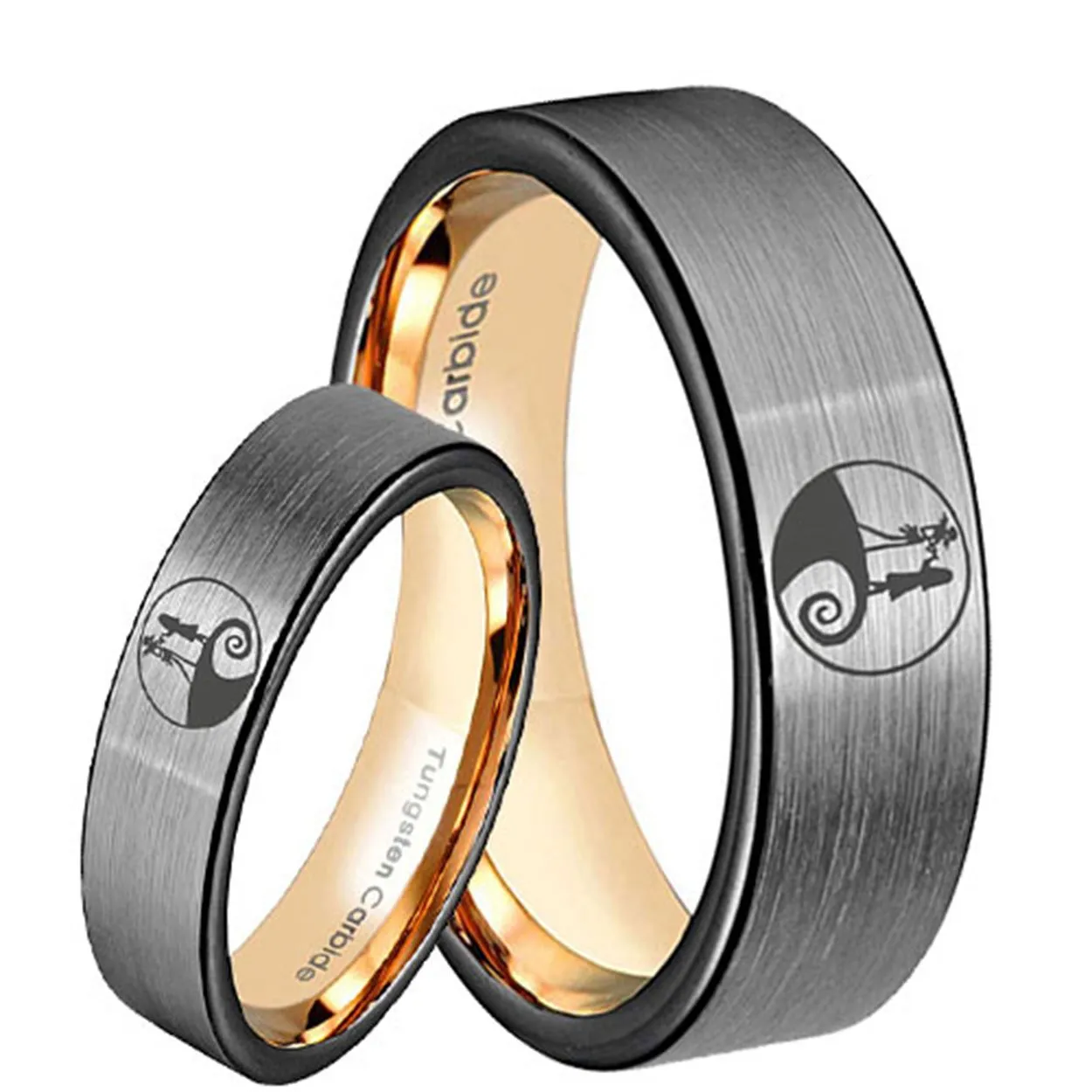 Nightmare Before Christmas Pipe Cut Black Tungsten Bridal Matching Ring Set