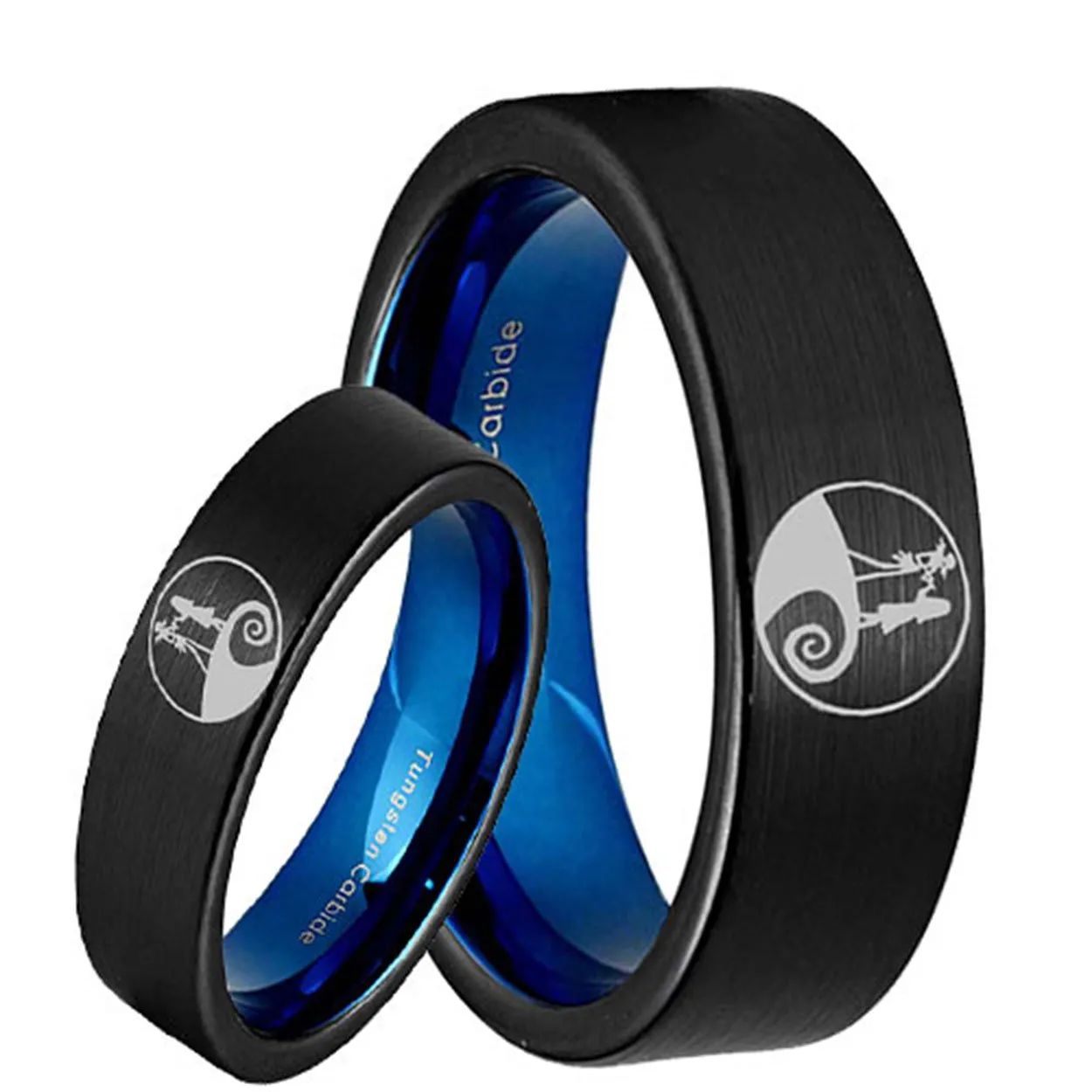Nightmare Before Christmas Pipe Cut Blue Tungsten His and Hers Engagement Ring Set