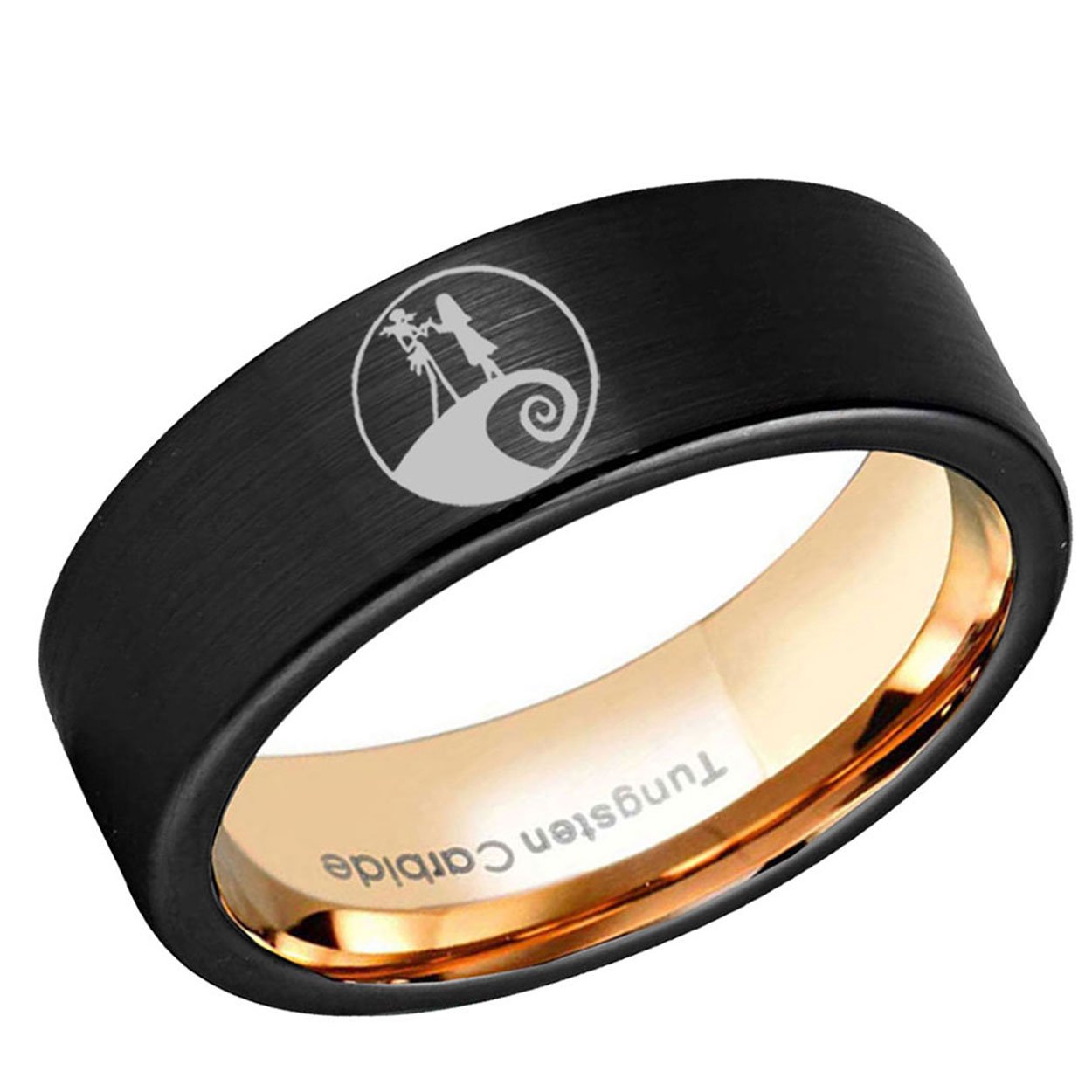 Nightmare Before Christmas Pipe Cut Tungsten Ring Rose Gold Black 8mm