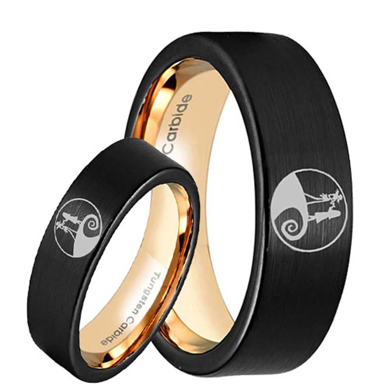 Nightmare Before Christmas Pipe Cut Rose Gold Tungsten His and Hers Matching Ring Set