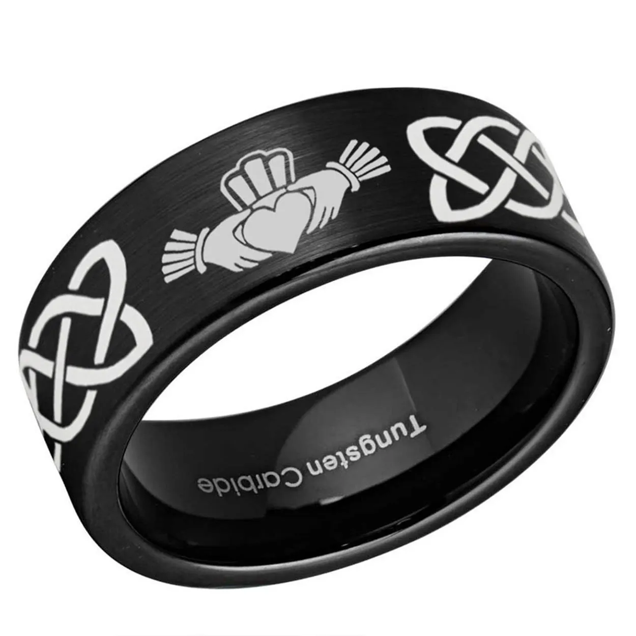 Claddagh Pipe Cut Tungsten Ring Brushed Black 8mm